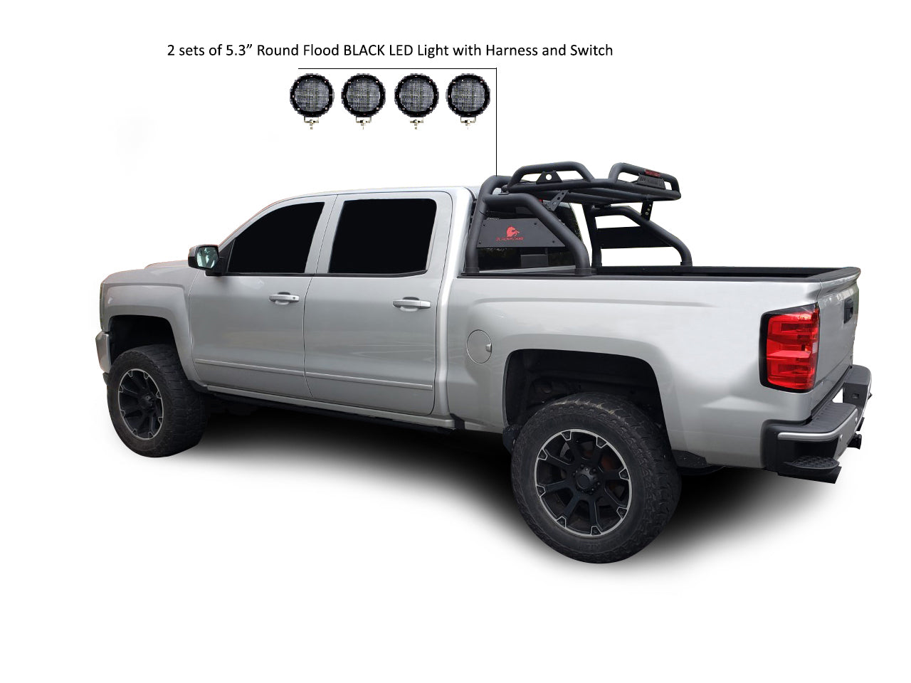 Atlas Roll Bar Kit 2 sets of 5.3" Dia. Black LED Flood Lights w/ Harness and Switch | Black Horse Off Road - Image 9