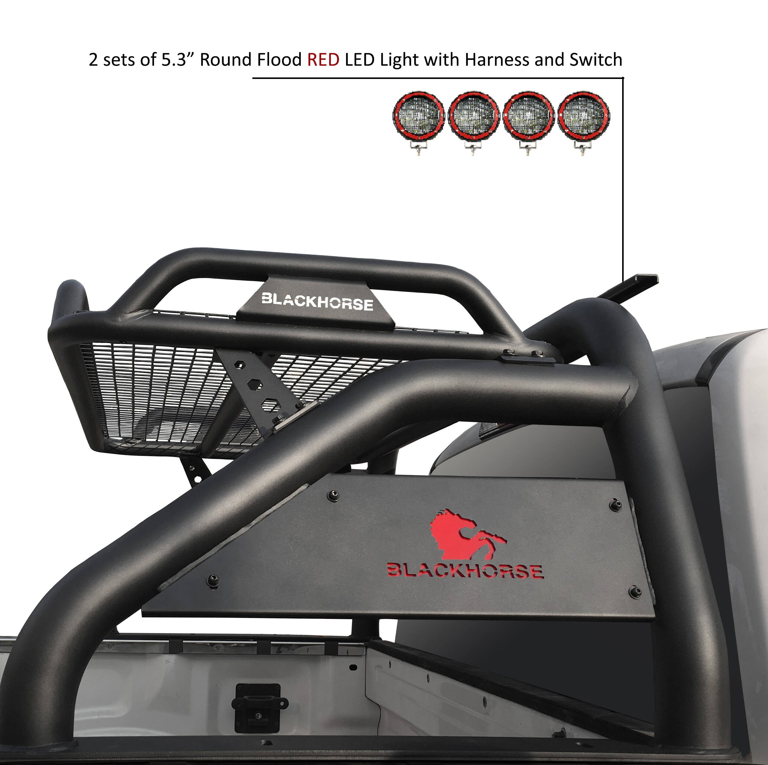 Atlas Roll Bar Kit 2 sets of 5.3" Dia. Black LED Flood Lights w/ Harness and Switch | Black Horse Off Road - Image 8