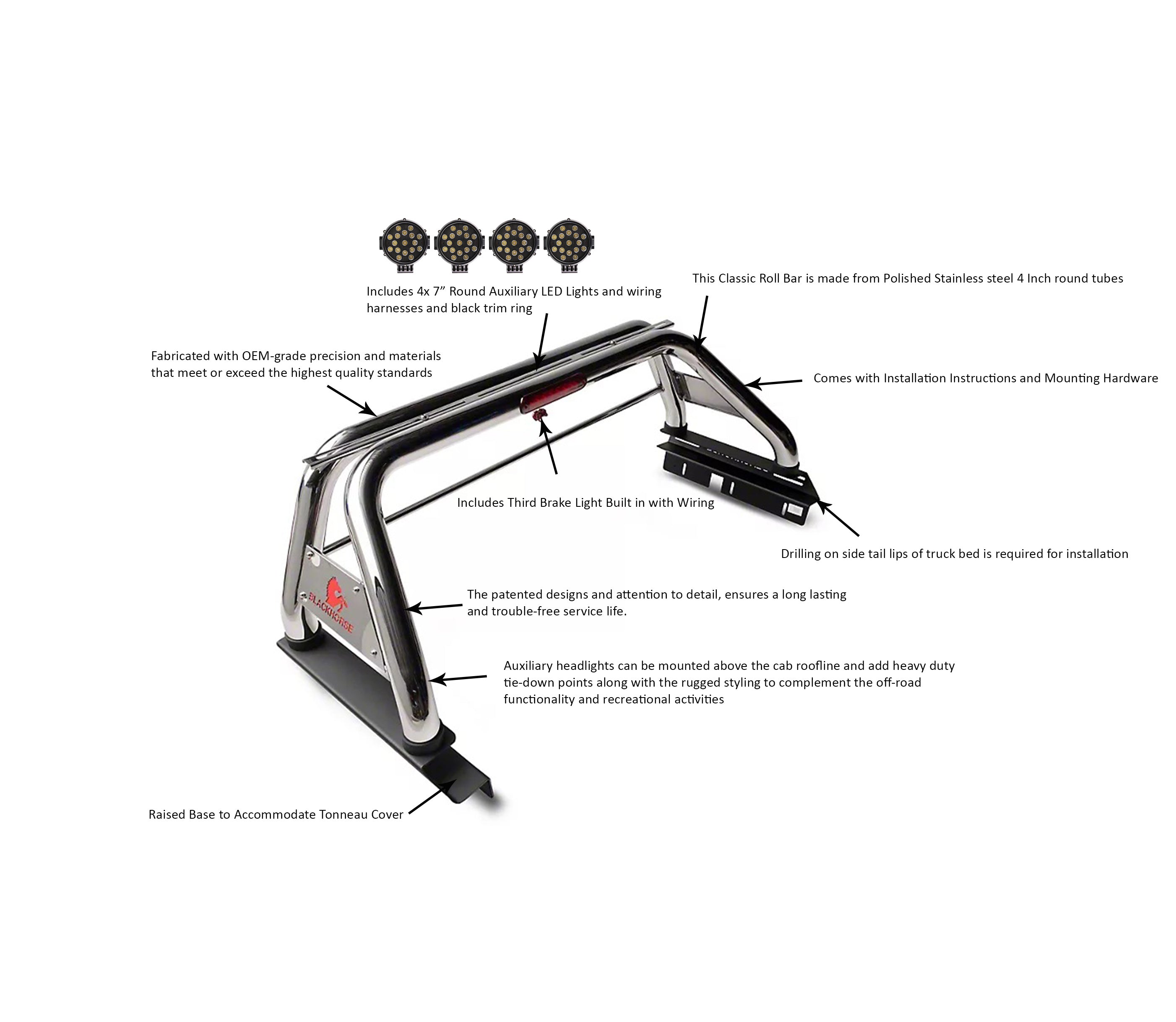 2019-2026 Dodge Ram 1500 Classic Roll Bar Kit Incl. 2 pairs of 7.0"Dia. LED Lights w/ Black Trim Rings w/ Wiring Harness and Switch | Black Horse Off Road - Image 2