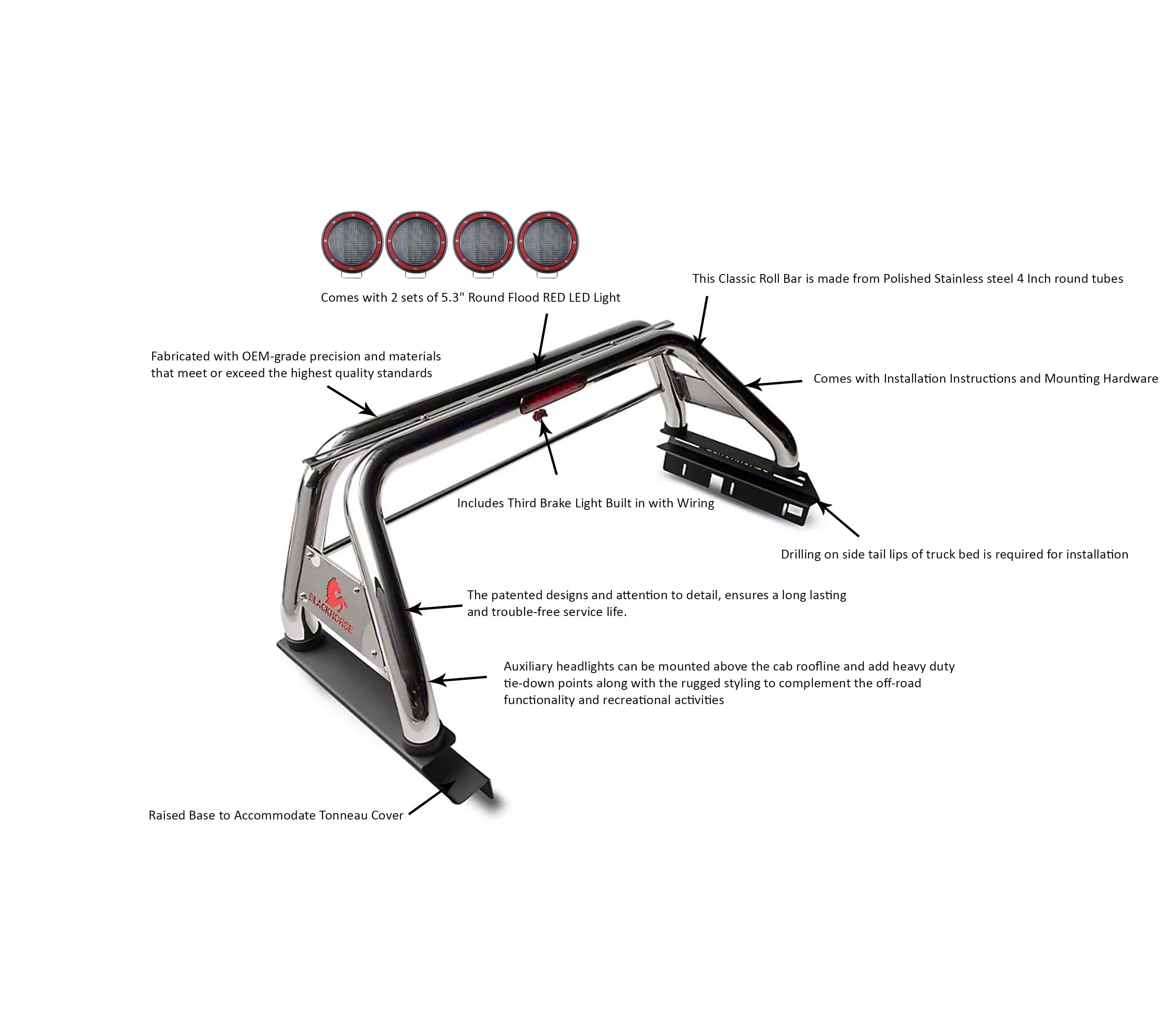 2015-2026 Canyon Classic Roll Bar Kit 2 sets of 5.3" Dia. Black LED Flood Lights w/ Harness and Switch | Black Horse Off Road - Image 5