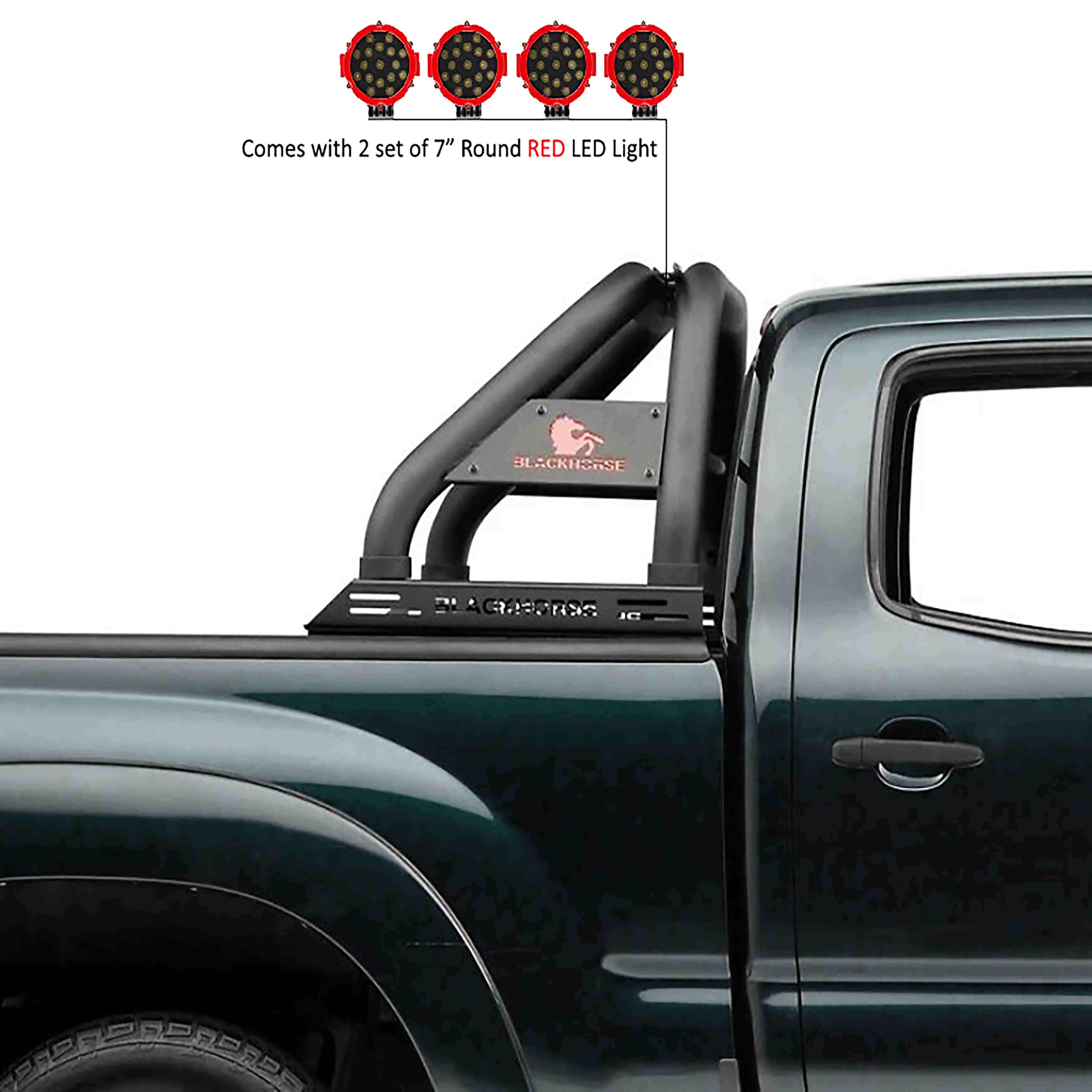 2005-2026 Toyota Tacoma Classic Roll Bar Kit Incl. 2 pairs of 7.0"Dia. LED Lights w/Red Trim Rings w/ Wiring Harness and Switch | Black Horse Off Road - Image 1