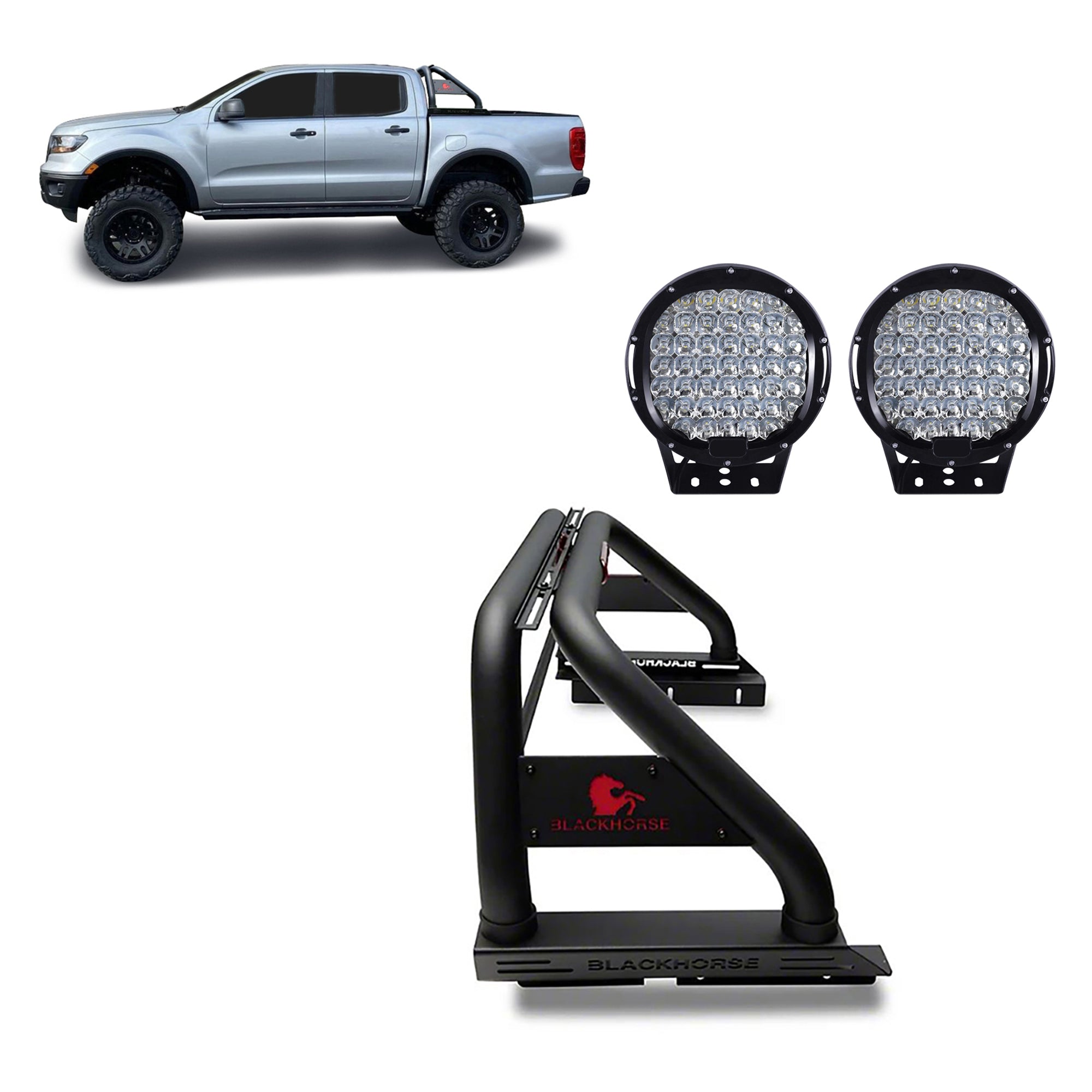 2019-2026 Ford Ranger Classic Roll Bar Kit W/ Set of 9" Black Round LED Light | Black Horse Off Road - Image 1