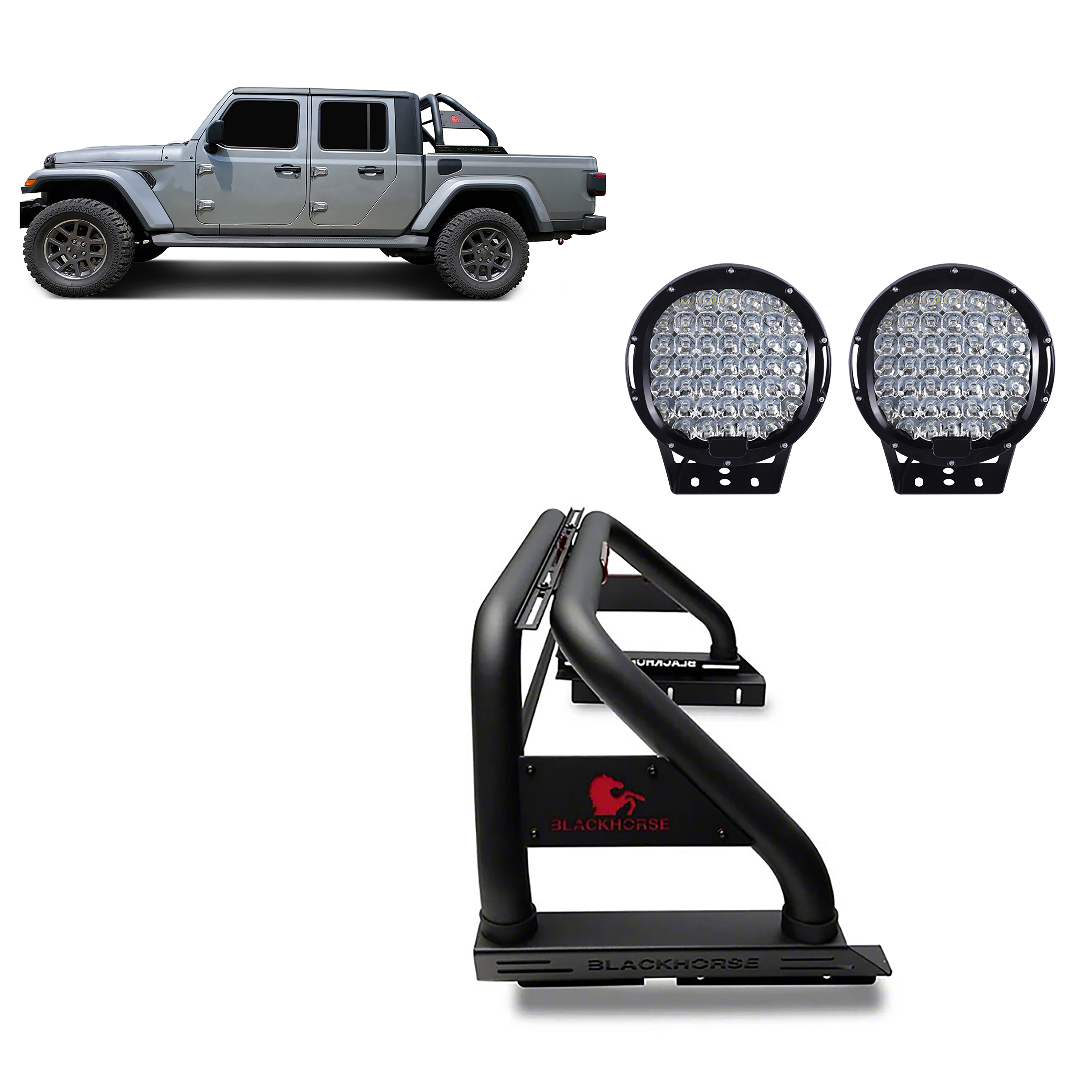 2020-2026 Jeep Gladiator Classic Roll Bar Kit W/ Set of 9" Black Round LED Light | Black Horse Off Road - Image 1
