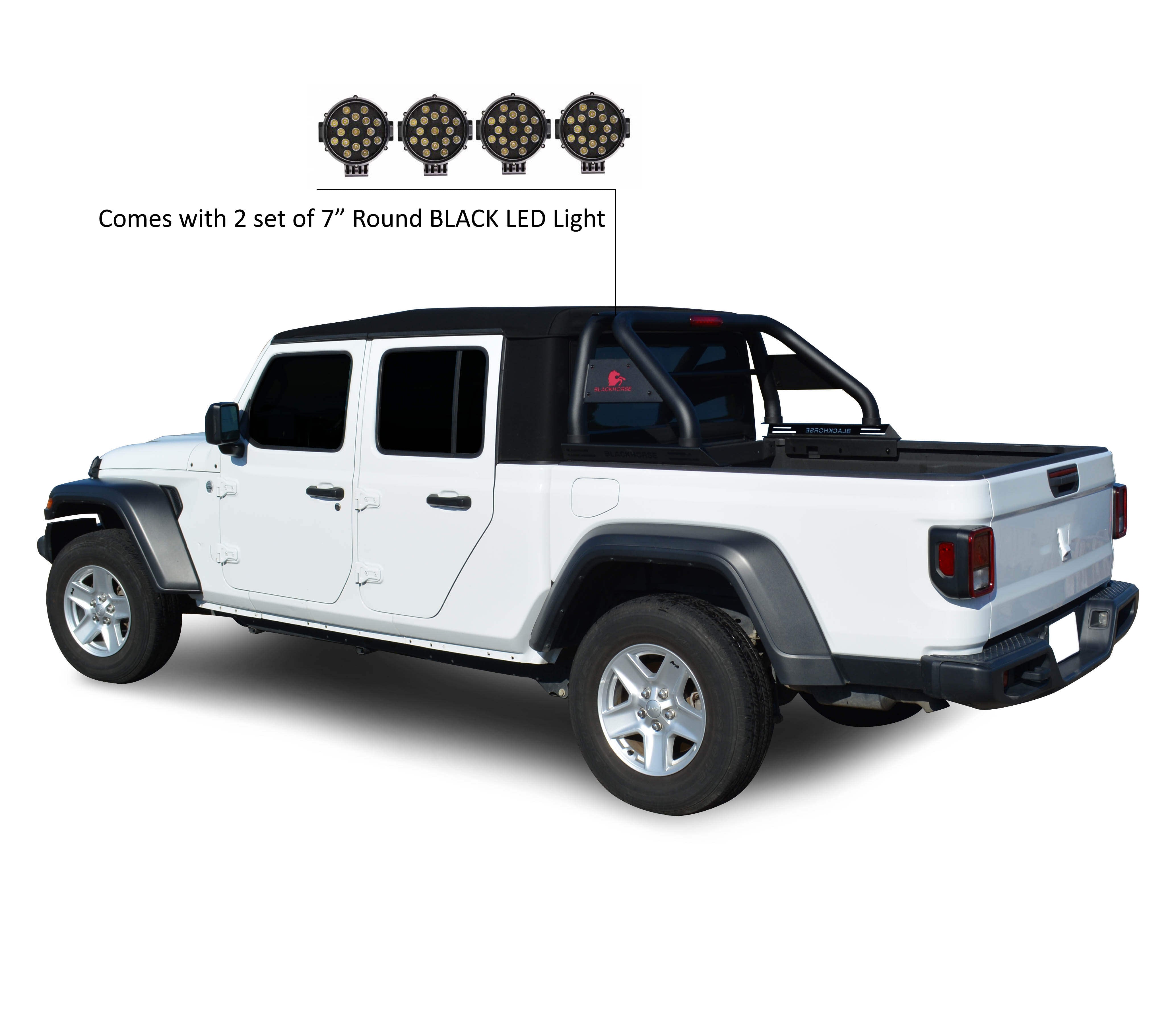 2020-2026 Jeep Gladiator Classic Roll Bar Kit Incl. 2 pairs of 7.0"Dia. LED Lights w/ Black Trim Rings w/ Wiring Harness and Switch | Black Horse Off Road - Image 10