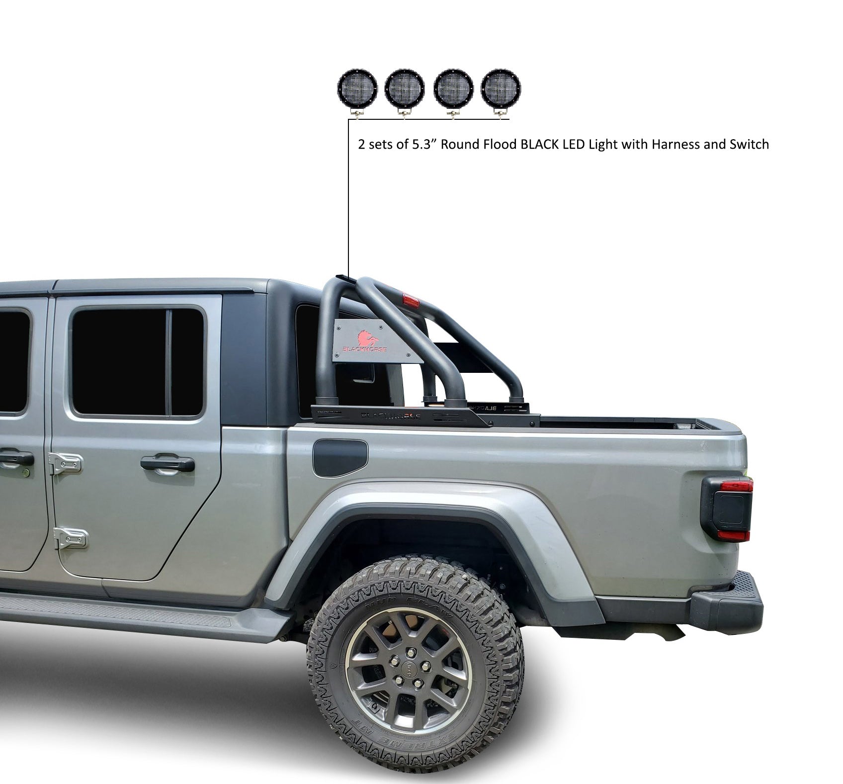 2020-2026 Jeep Gladiator Classic Roll Bar Kit 2 sets of 5.3" Dia. Black LED Flood Lights w/ Harness and Switch | Black Horse Off Road - Image 6