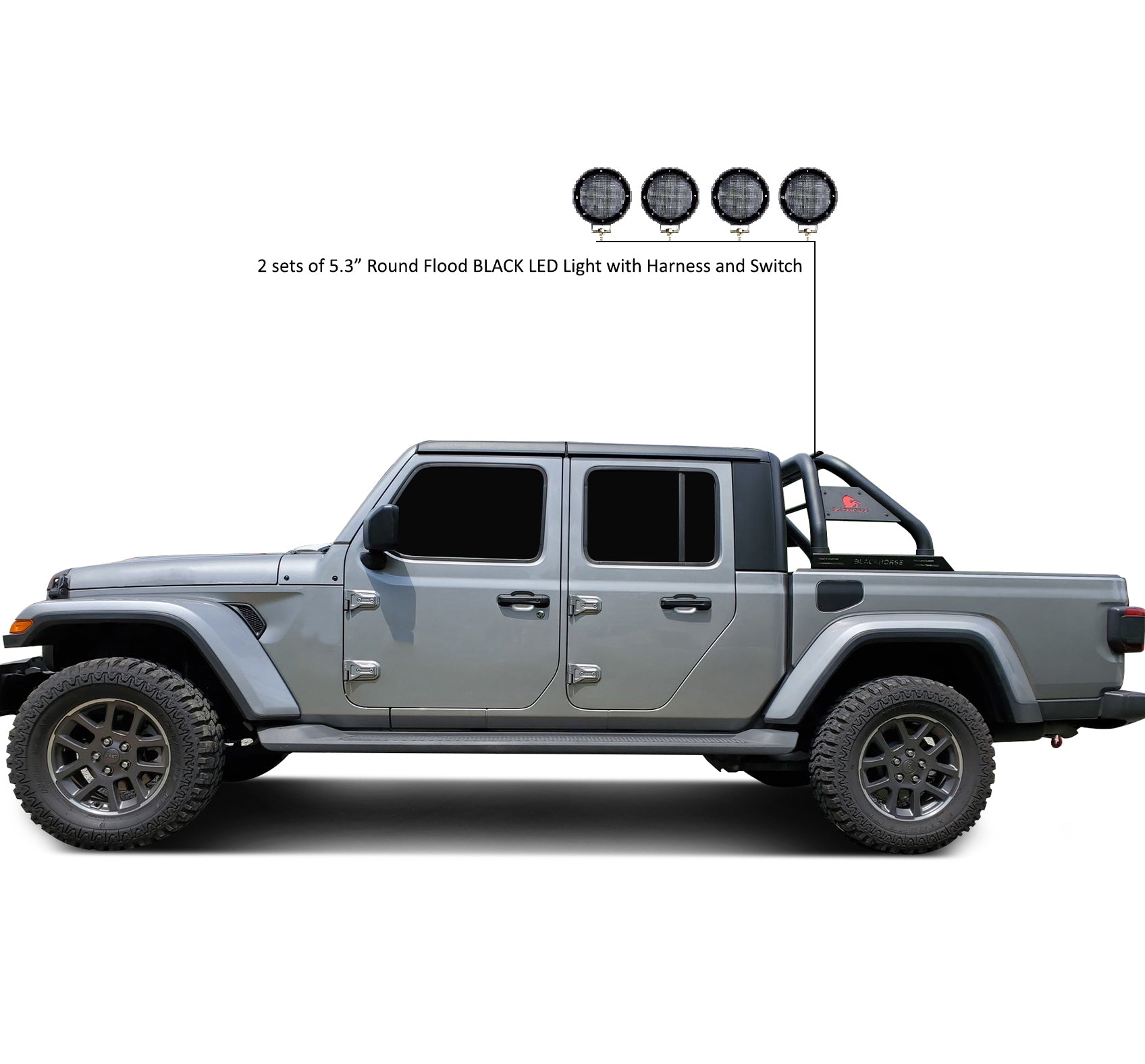 2020-2026 Jeep Gladiator Classic Roll Bar Kit 2 sets of 5.3" Dia. Black LED Flood Lights w/ Harness and Switch | Black Horse Off Road - Image 7