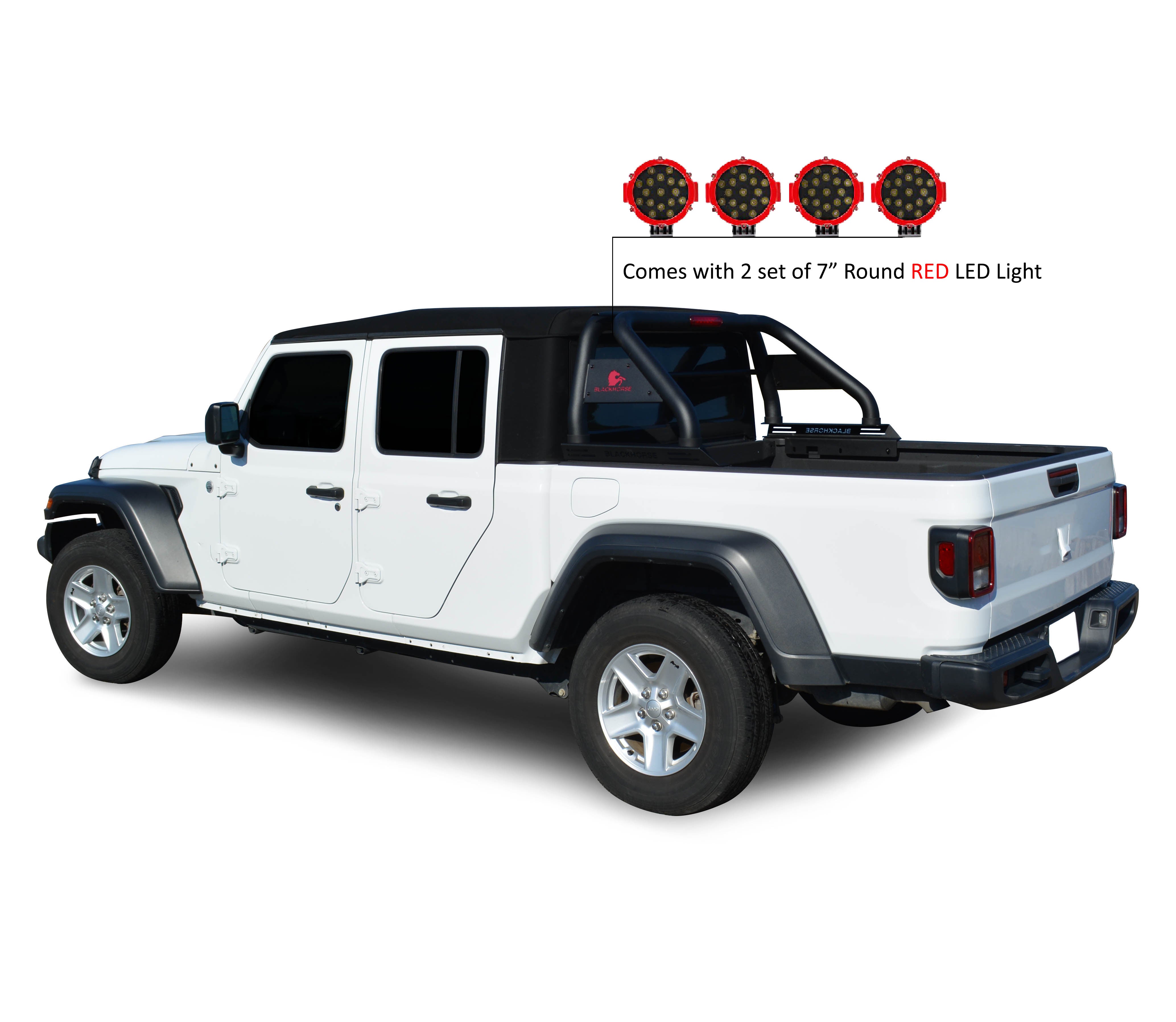 2020-2026 Jeep Gladiator Classic Roll Bar Kit Incl. 2 pairs of 7.0"Dia. LED Lights w/Red Trim Rings w/ Wiring Harness and Switch | Black Horse Off Road - Image 3