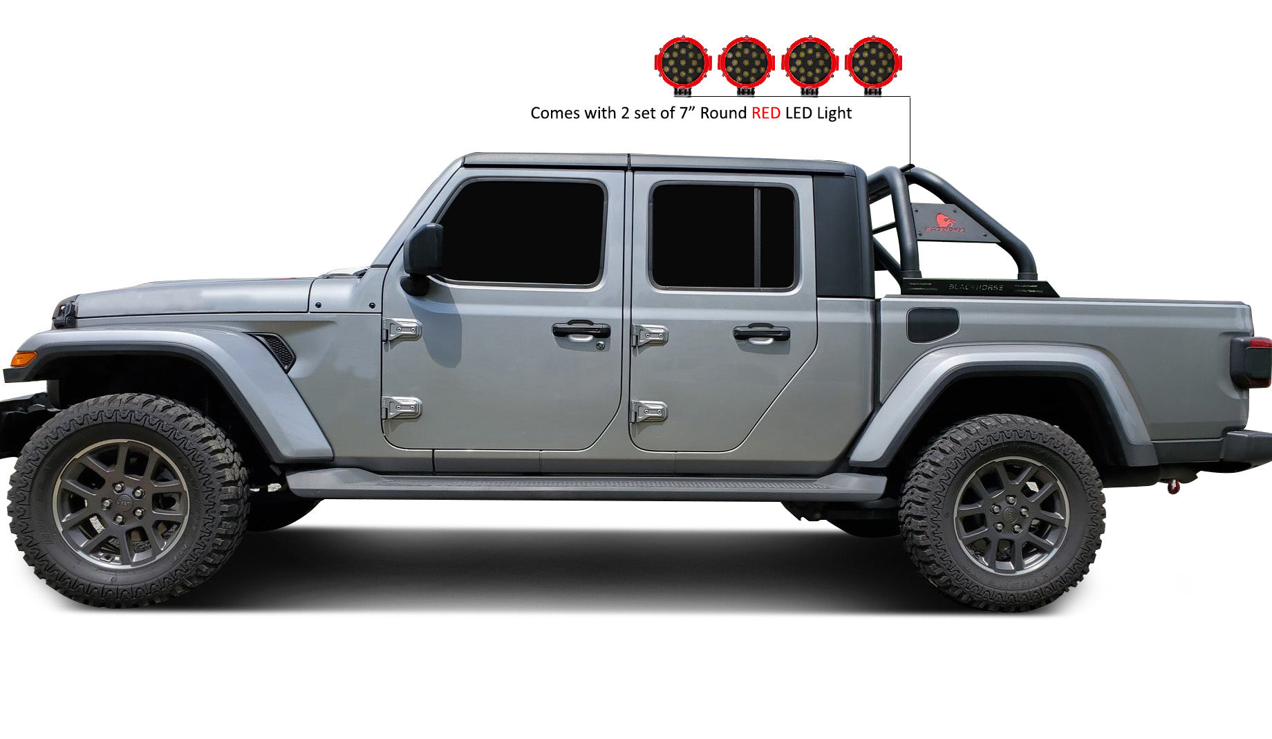 2020-2026 Jeep Gladiator Classic Roll Bar Kit Incl. 2 pairs of 7.0"Dia. LED Lights w/Red Trim Rings w/ Wiring Harness and Switch | Black Horse Off Road - Image 4