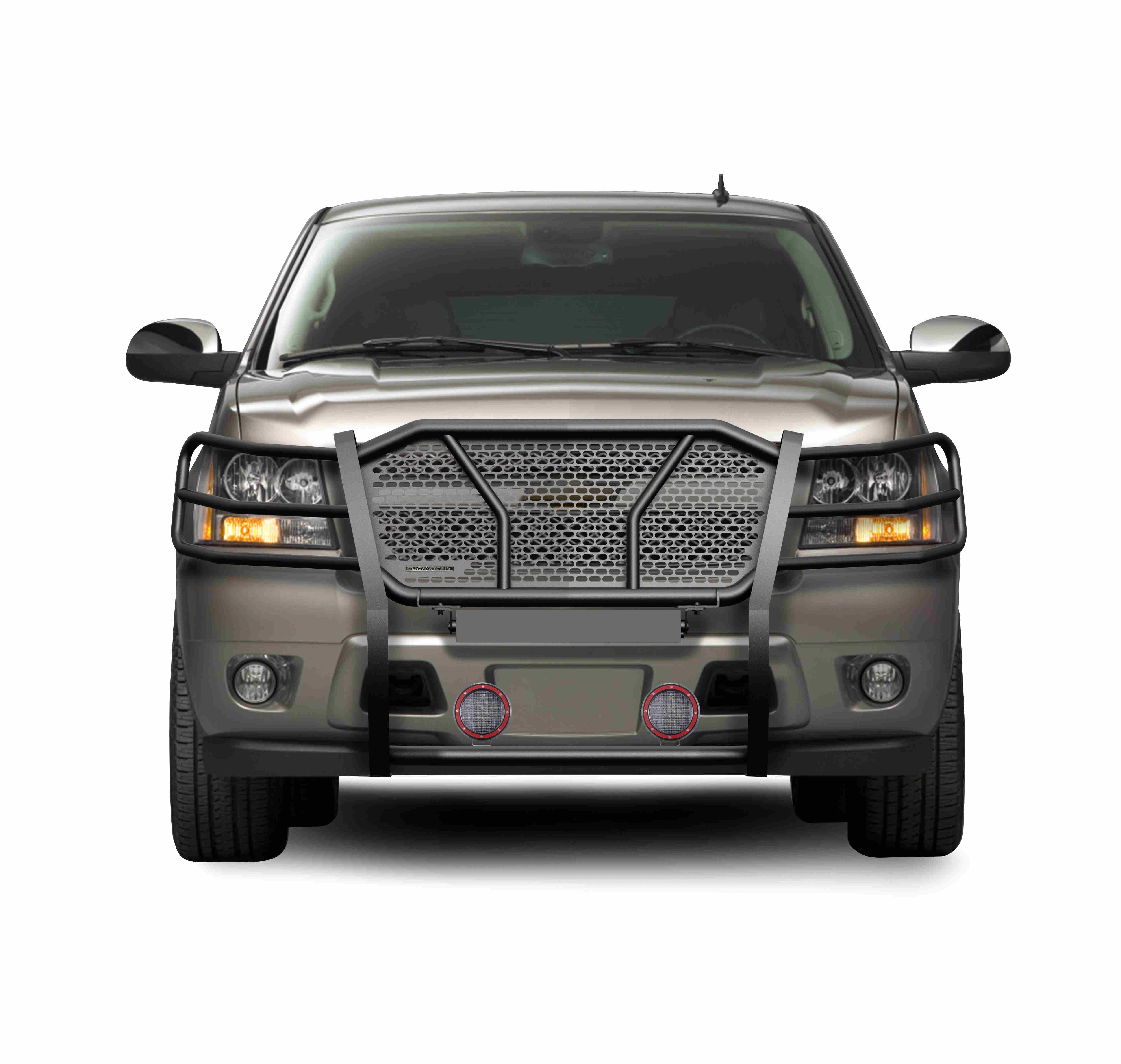 2007-2014 Chevrolet Avalanche Rugged Heavy Duty Grille Guard Kit Modular Pair of 5.3" Dia. LED Flood Lights w/ Red Trim Rings Wiring Harness and Switch | Black Horse Off Road - Image 2