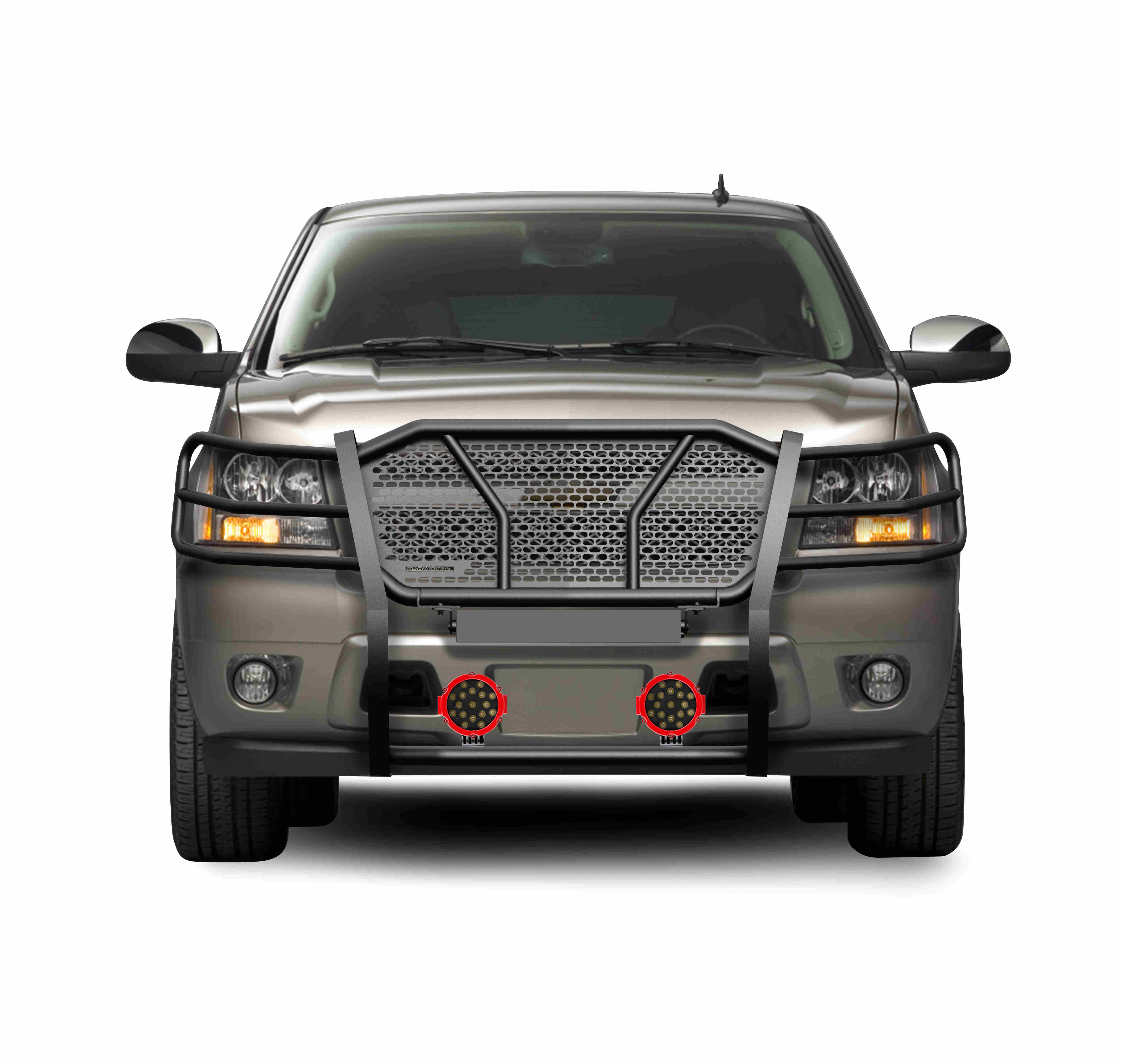 2007-2014 Chevrolet Avalanche Rugged Heavy Duty Grille Guard Kit Modular Incl. pair of 7.0" Dia. LED Lights w/ Red Trim Rings w/ Wiring Harness and Switch | Black Horse Off Road - Image 2