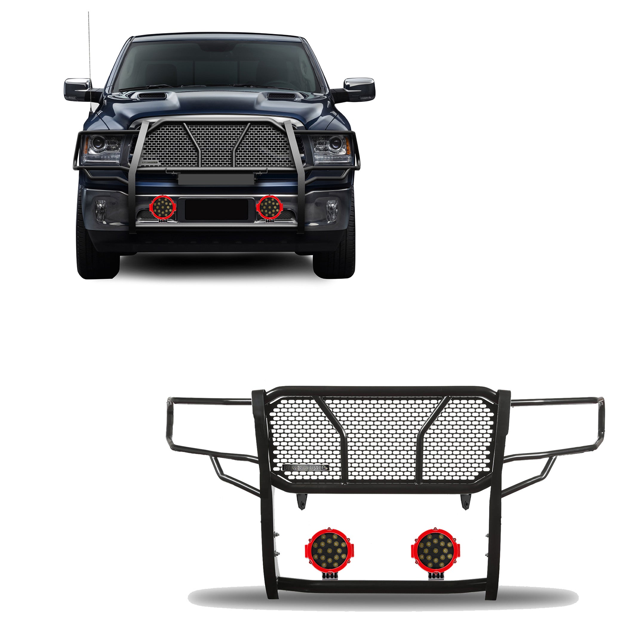 2009-2024 Dodge Ram 1500 Rugged Heavy Duty Grille Guard Kit Modular Incl. pair of 7.0" Dia. LED Lights w/ Red Trim Rings w/ Wiring Harness and Switch | Black Horse Off Road - Image 1