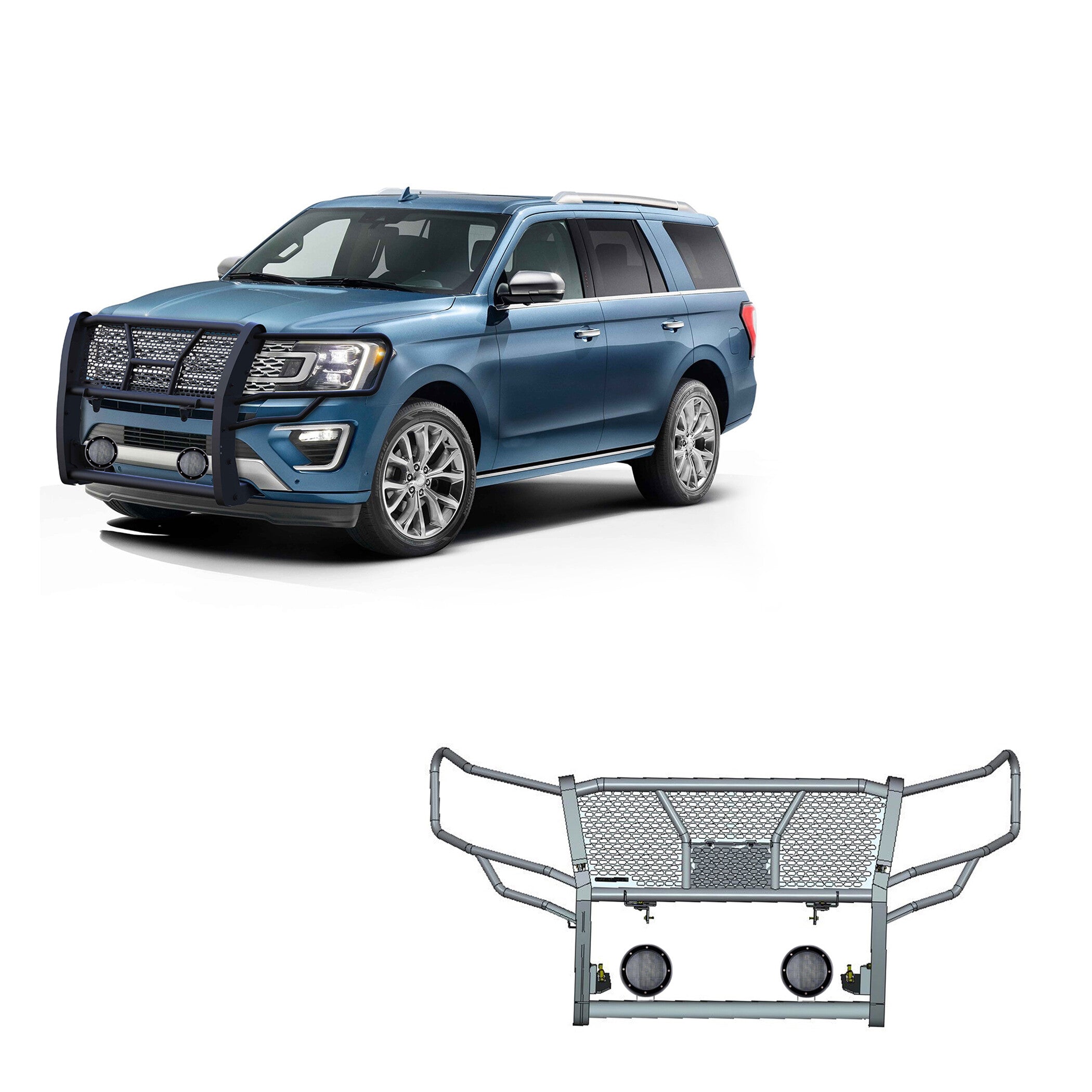 2018-2024 Ford Expedition Rugged Heavy Duty Grille Guard Kit Modular Pair of 5.3" Dia. LED Flood Lights w/ Black Trim Rings Wiring Harness and Switch | Black Horse Off Road - Image 1