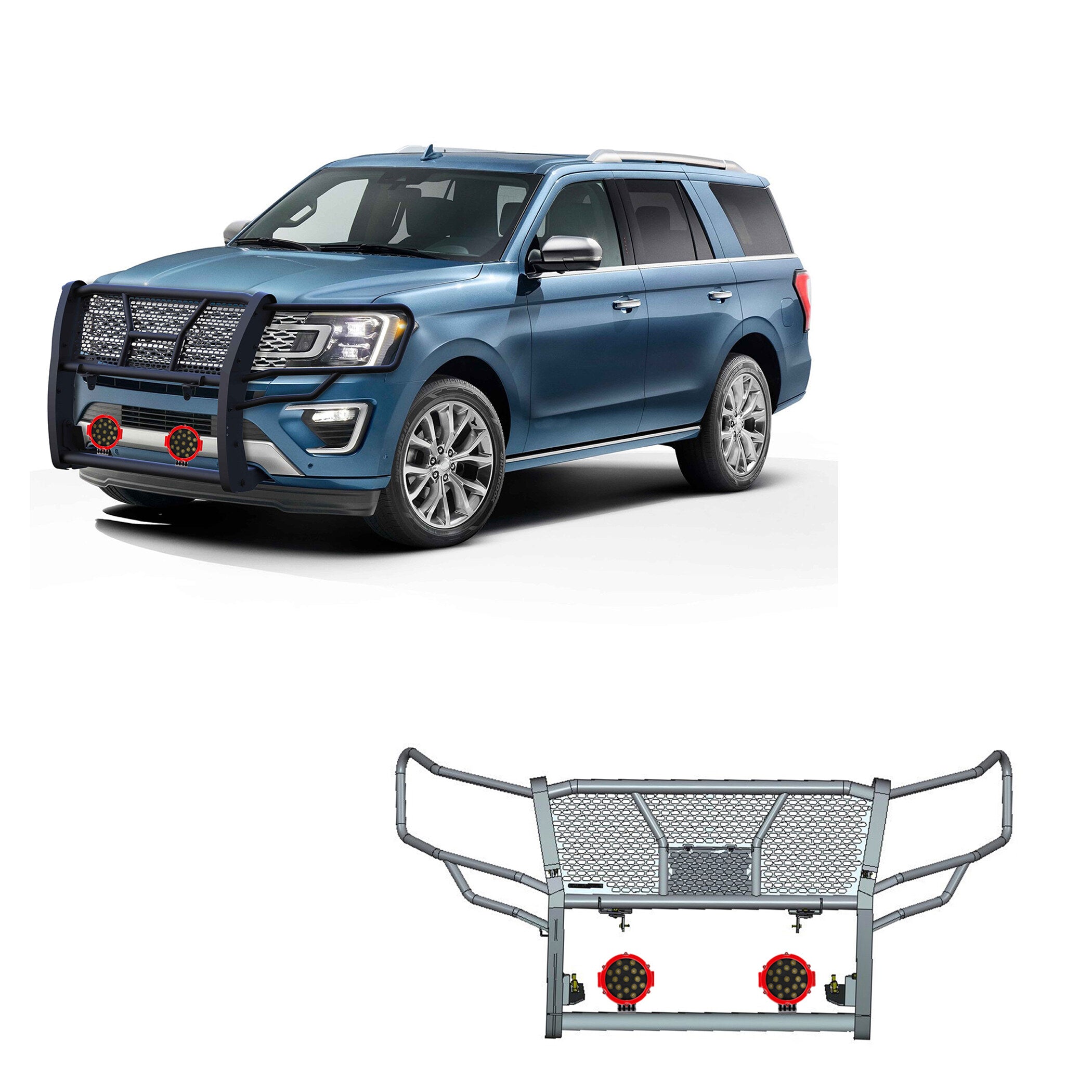 2018-2024 Ford Expedition Rugged Heavy Duty Grille Guard Kit Modular Incl. pair of 7.0" Dia. LED Lights w/ Red Trim Rings w/ Wiring Harness and Switch | Black Horse Off Road - Image 1