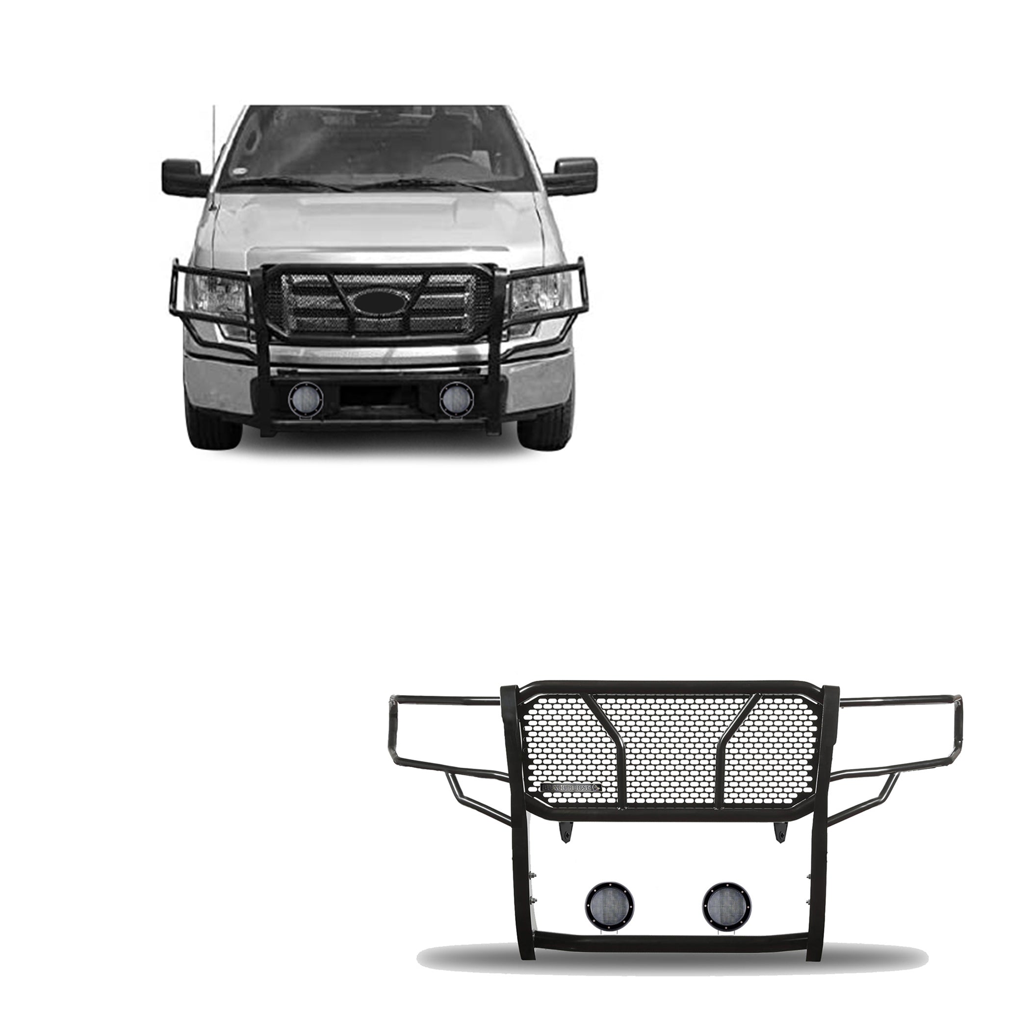 2009-2014 Ford F-150 Rugged Heavy Duty Grille Guard Kit Modular Pair of 5.3" Dia. LED Flood Lights w/ Black Trim Rings Wiring Harness and Switch | Black Horse Off Road - Image 1