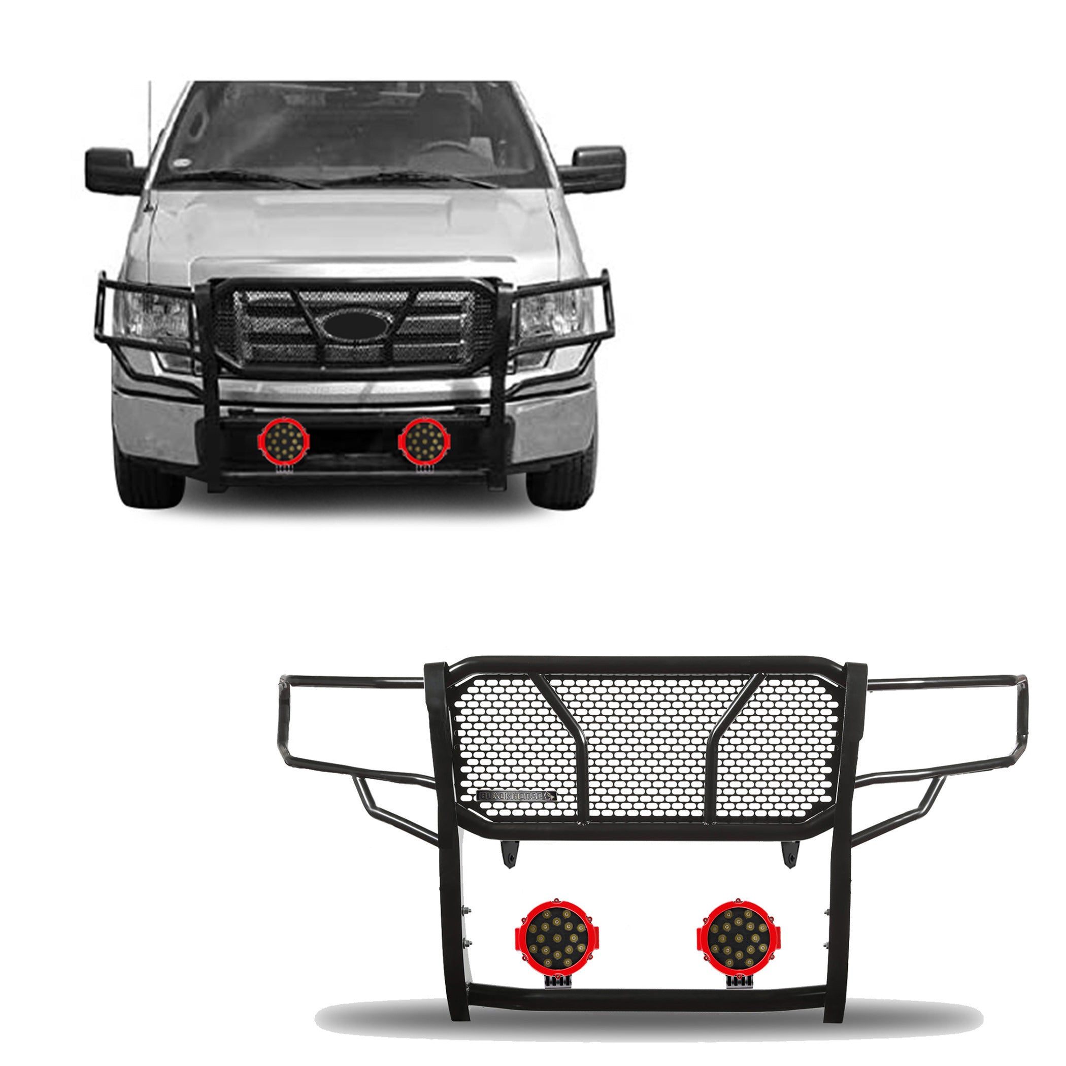 2009-2014 Ford F-150 Rugged Heavy Duty Grille Guard Kit Modular Incl. pair of 7.0" Dia. LED Lights w/ Red Trim Rings w/ Wiring Harness and Switch | Black Horse Off Road - Image 1