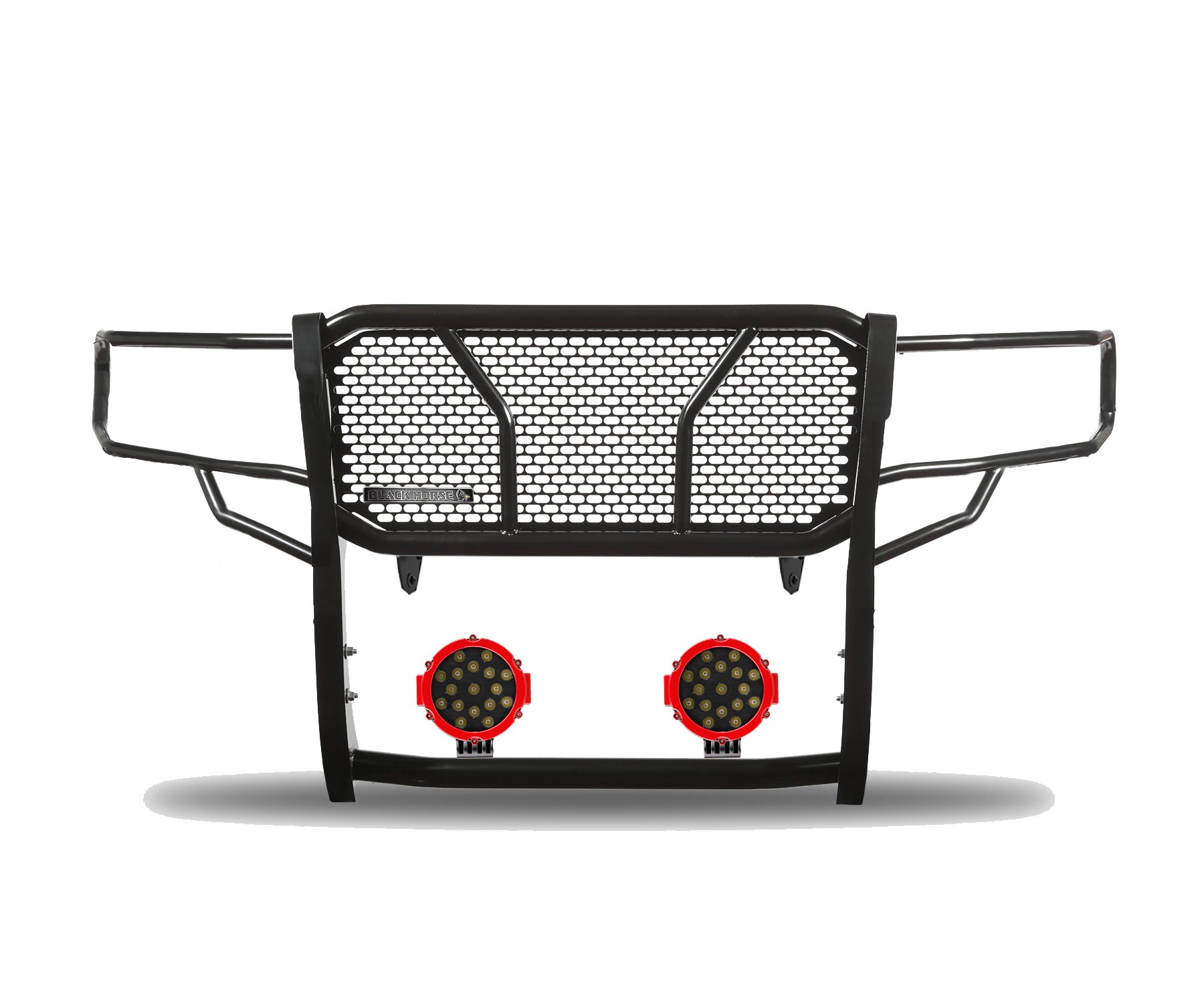 2009-2014 Ford F-150 Rugged Heavy Duty Grille Guard Kit Modular Incl. pair of 7.0" Dia. LED Lights w/ Red Trim Rings w/ Wiring Harness and Switch | Black Horse Off Road - Image 3