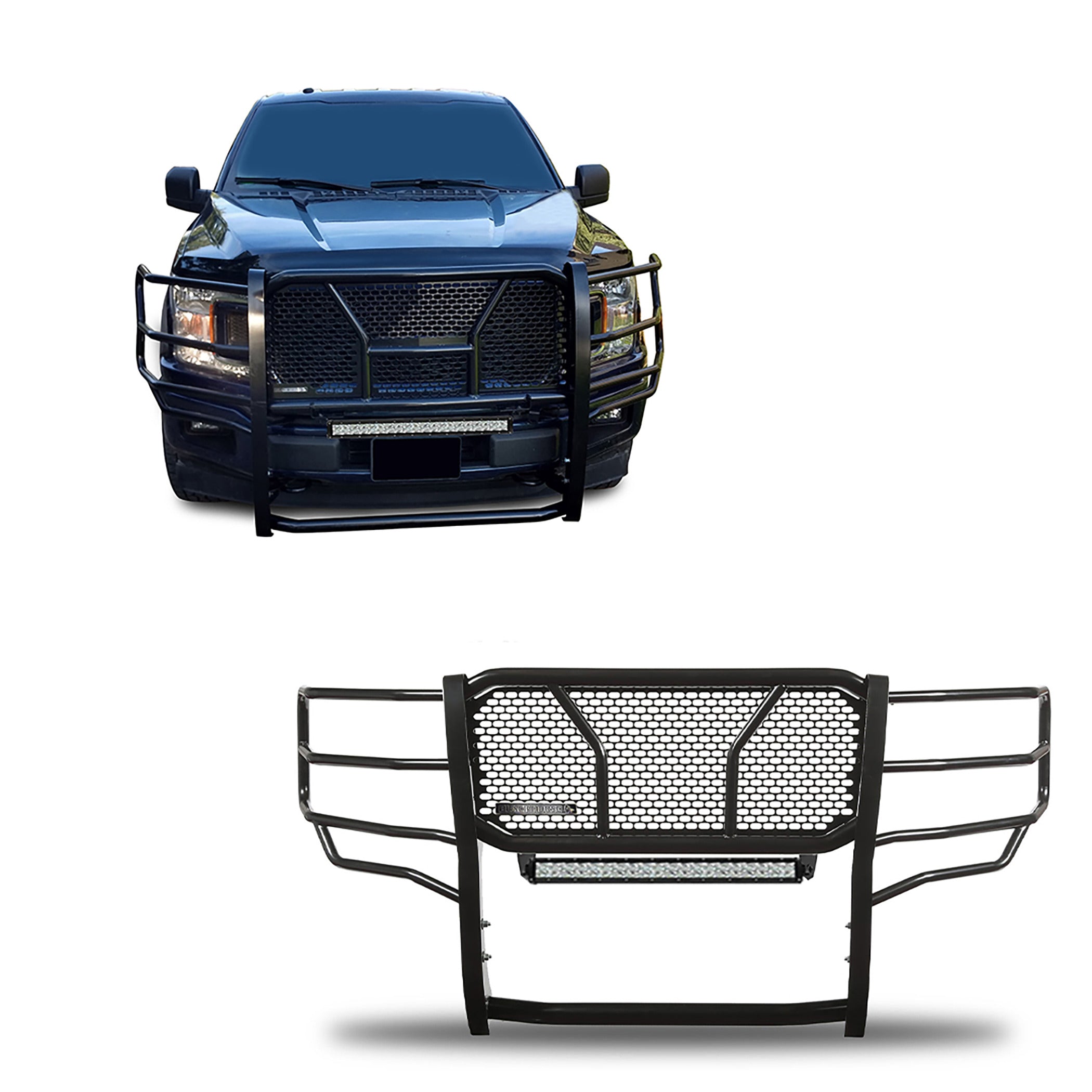 2015-2020 Ford F-150 Rugged Heavy Duty Grille Guard Kit Modular Includes 1 20in Double Row LED Light Bar | Black Horse Off Road - Image 1