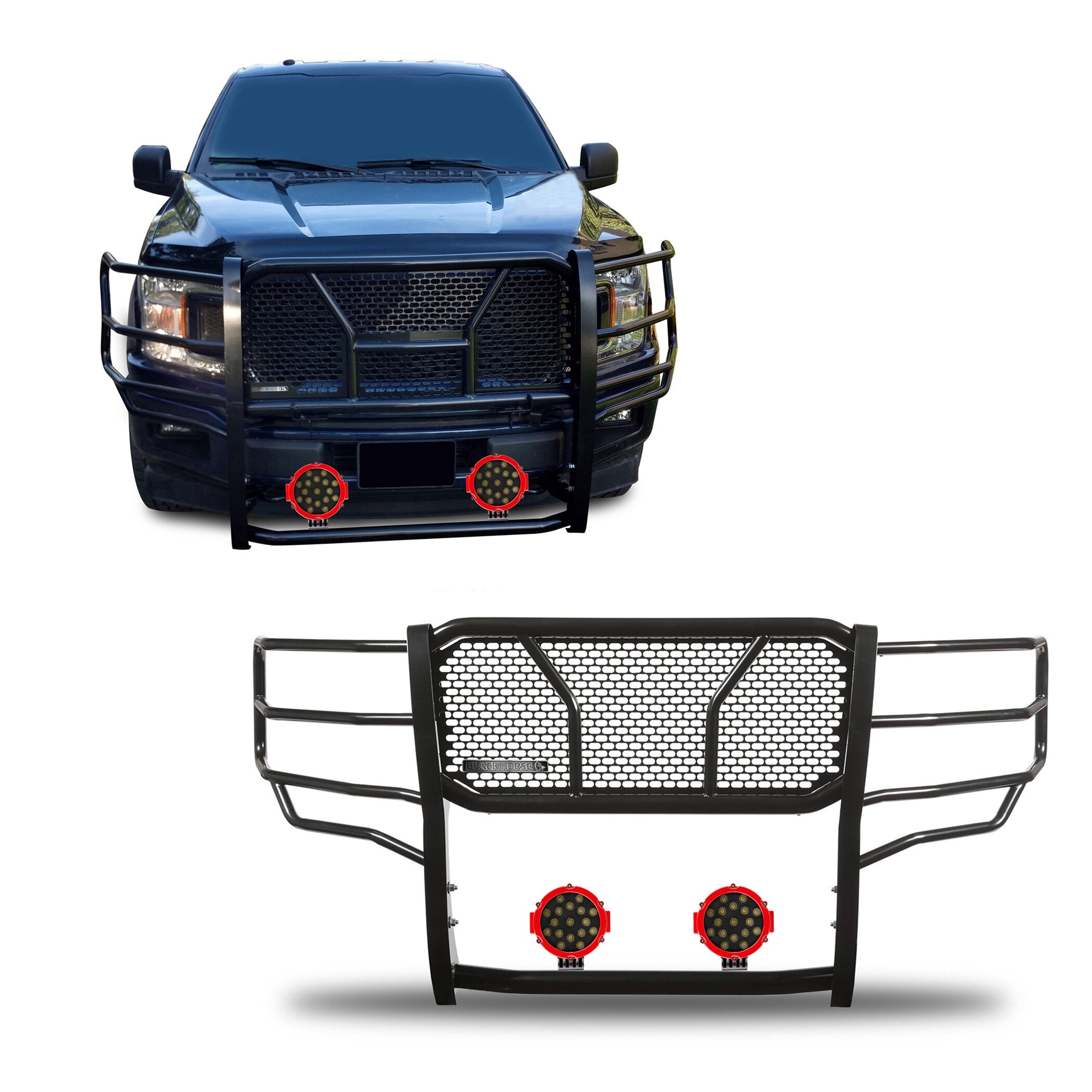 2015-2020 Ford F-150 Rugged Heavy Duty Grille Guard Kit Modular Incl. pair of 7.0" Dia. LED Lights w/ Red Trim Rings w/ Wiring Harness and Switch | Black Horse Off Road - Image 1