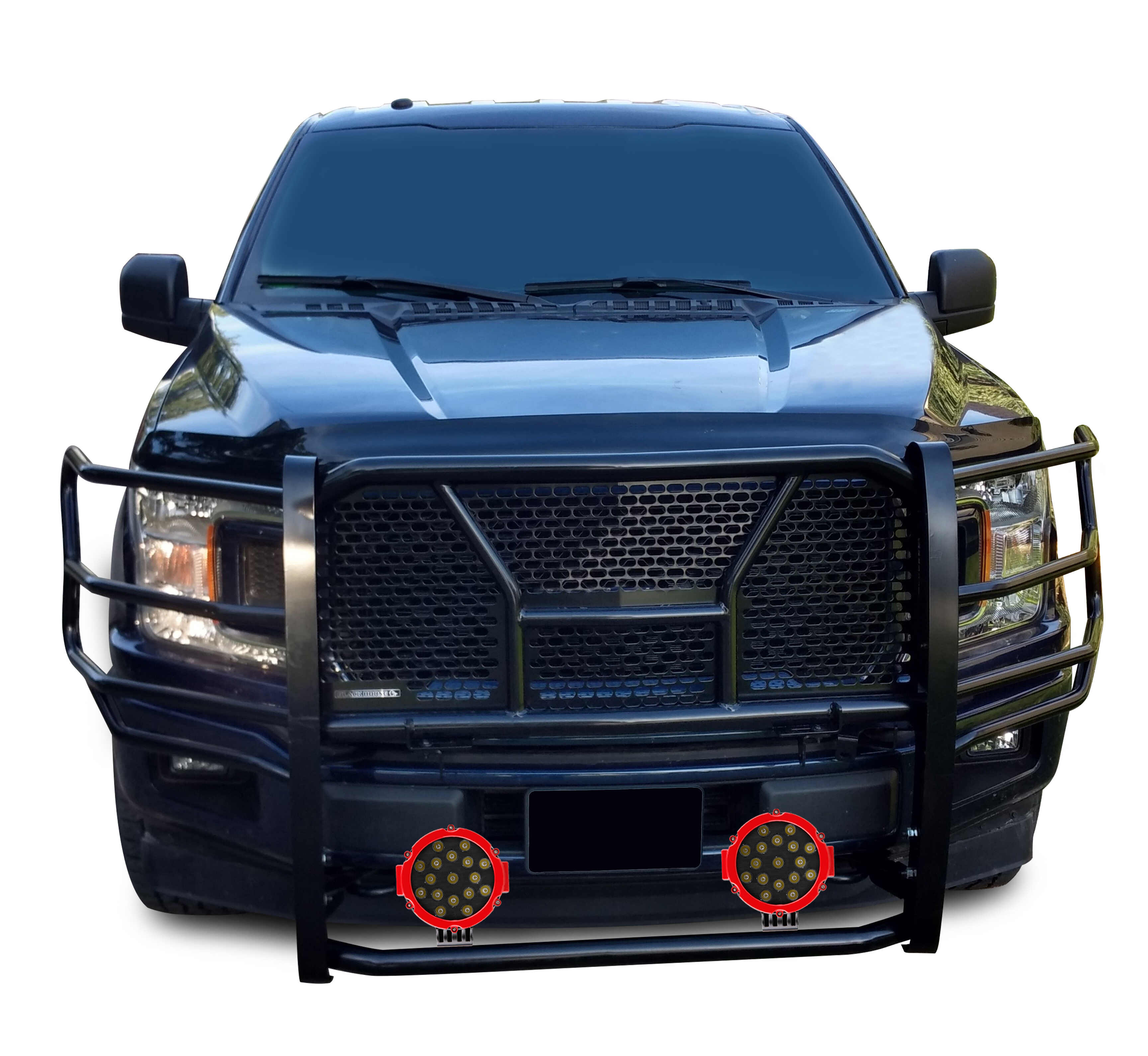 2015-2020 Ford F-150 Rugged Heavy Duty Grille Guard Kit Modular Incl. pair of 7.0" Dia. LED Lights w/ Red Trim Rings w/ Wiring Harness and Switch | Black Horse Off Road - Image 2