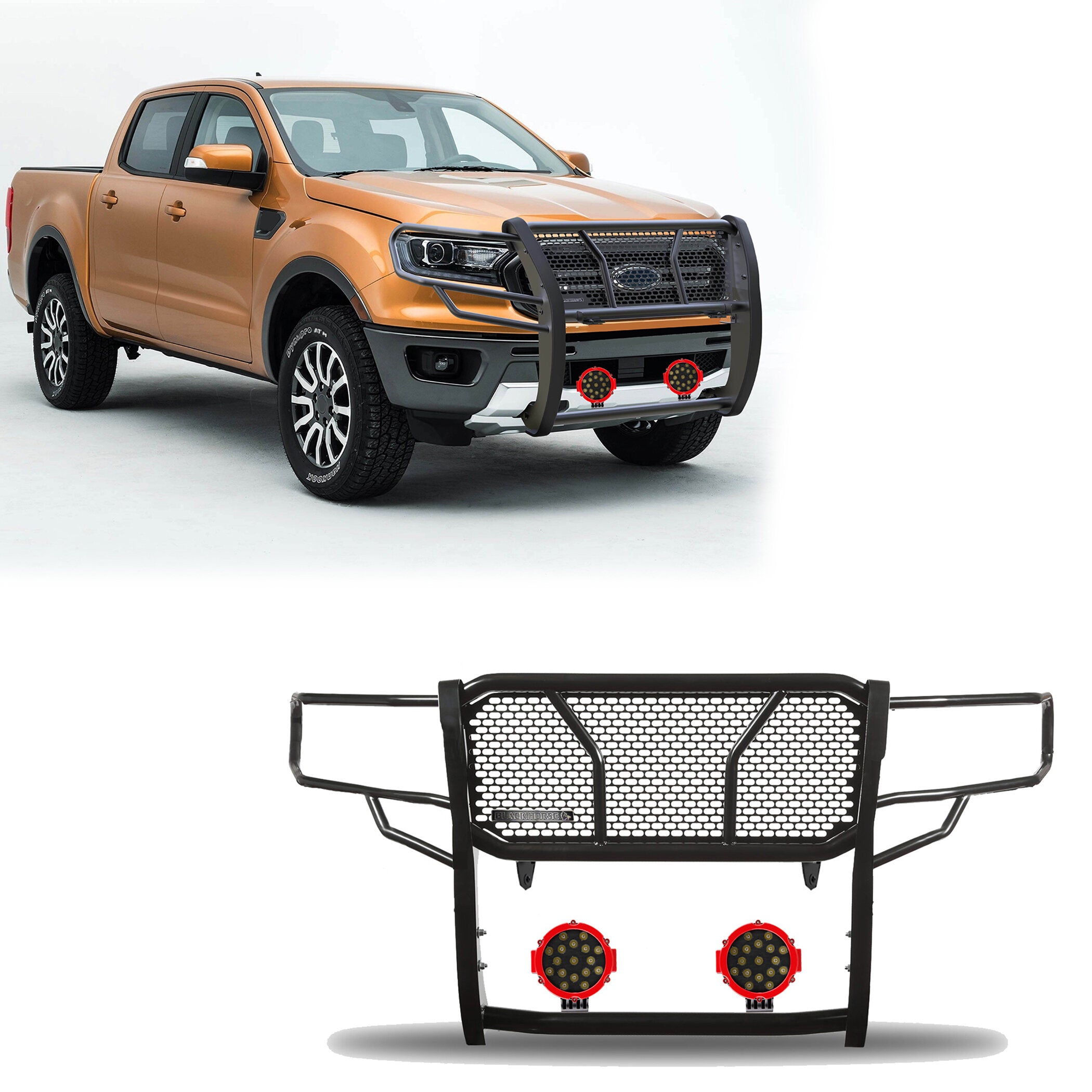 2019-2023 Ford Ranger Rugged Heavy Duty Grille Guard Kit Modular Incl. pair of 7.0" Dia. LED Lights w/ Red Trim Rings w/ Wiring Harness and Switch | Black Horse Off Road - Image 1