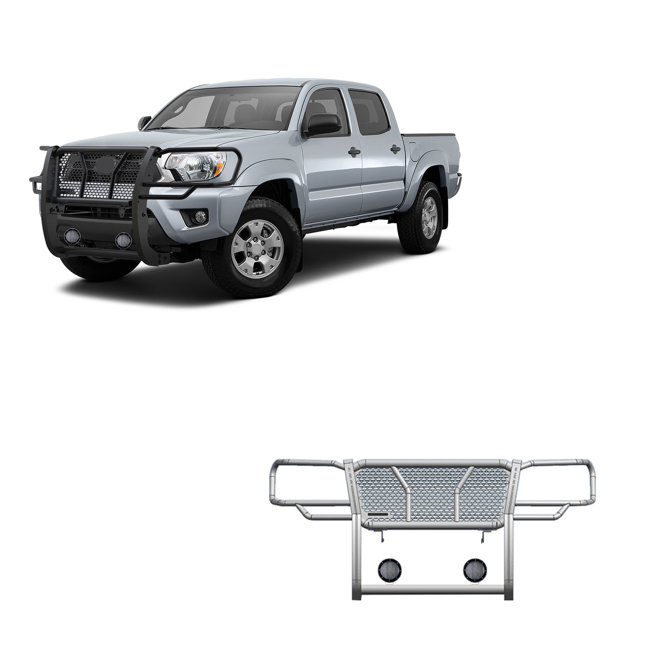 2005-2015 Toyota Tacoma Rugged Heavy Duty Grille Guard Kit Modular Pair of 5.3" Dia. LED Flood Lights w/ Black Trim Rings Wiring Harness and Switch | Black Horse Off Road - Image 1