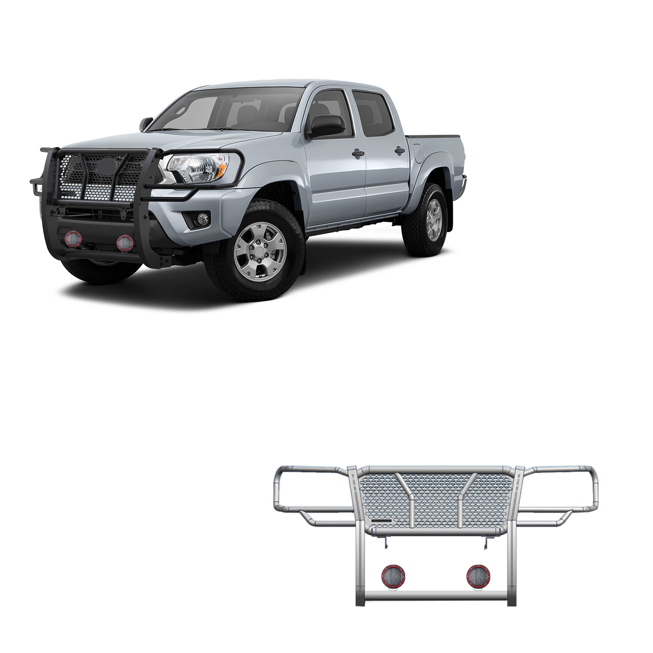 2005-2015 Toyota Tacoma Rugged Heavy Duty Grille Guard Kit Modular Pair of 5.3" Dia. LED Flood Lights w/ Red Trim Rings Wiring Harness and Switch | Black Horse Off Road - Image 1