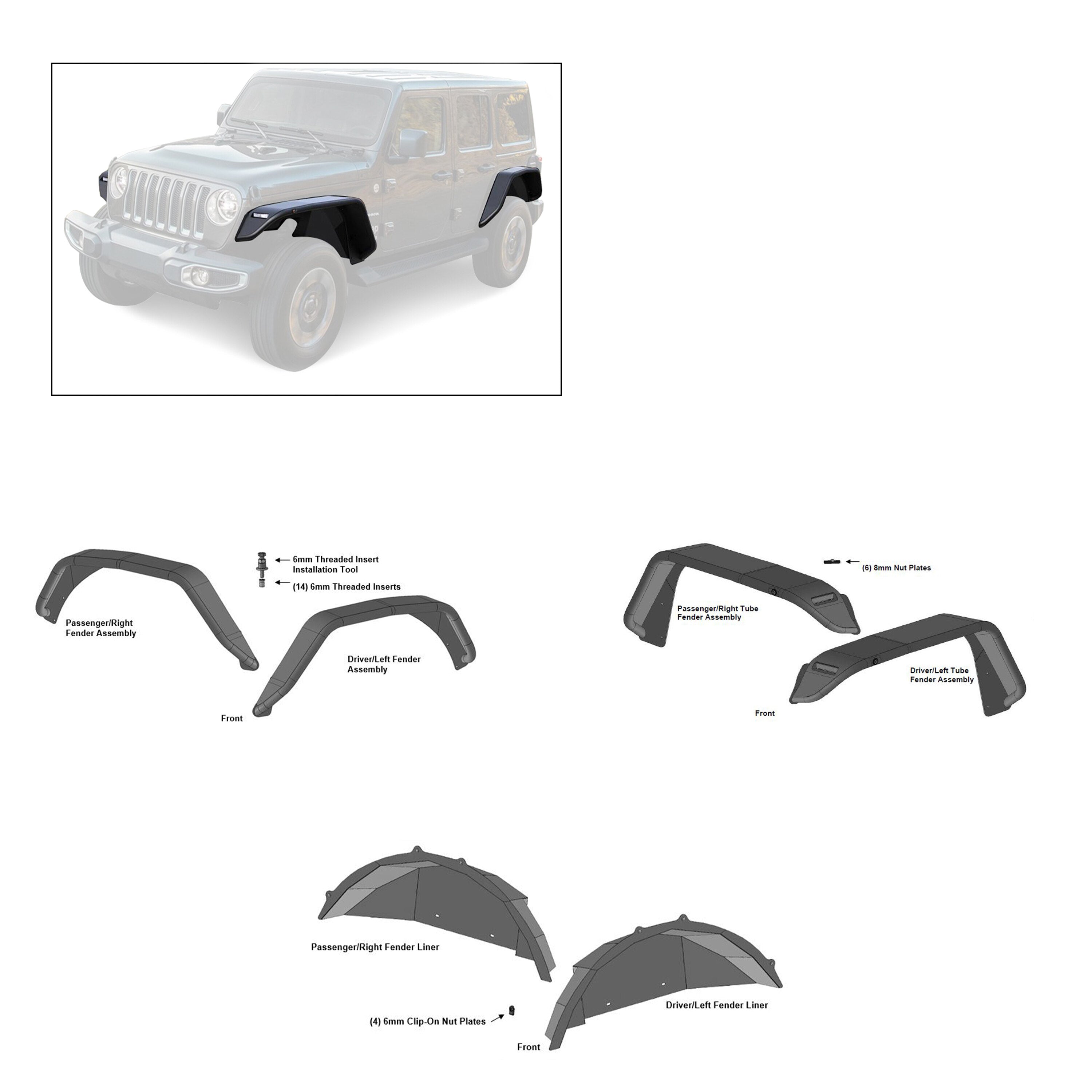 2018-2026 Jeep Wrangler Full Set Tubular Fender Flares & Inner Fender Flares Liners - Front & Rear | Black Horse Off Road - Image 1