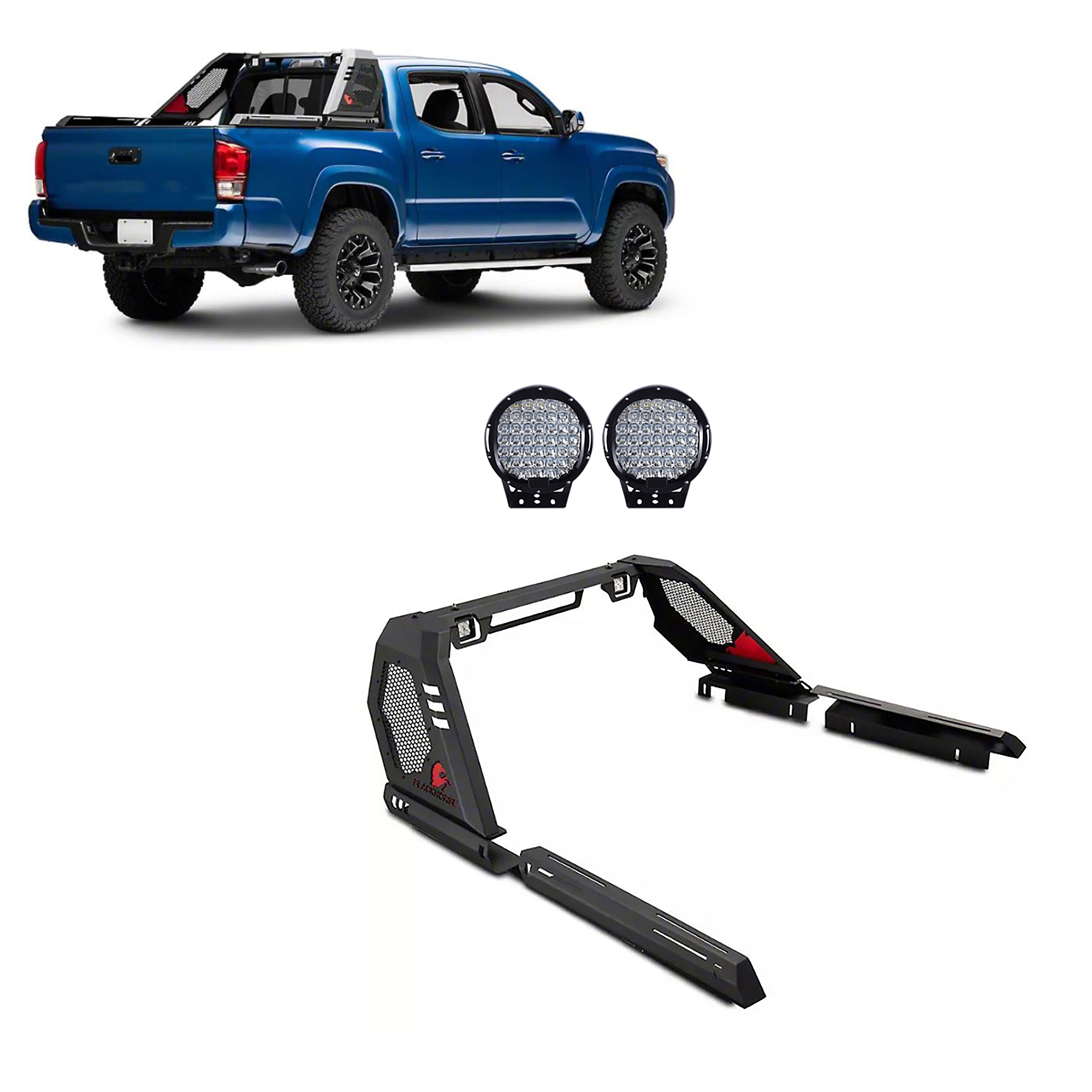 2005-2026 Toyota Tacoma Vigor Roll Bar Kit Modular 2nd Box contains VI06 : 51lb, 34x12x7 W/ Set of 9" Black Round LED Light | Black Horse Off Road - Image 1