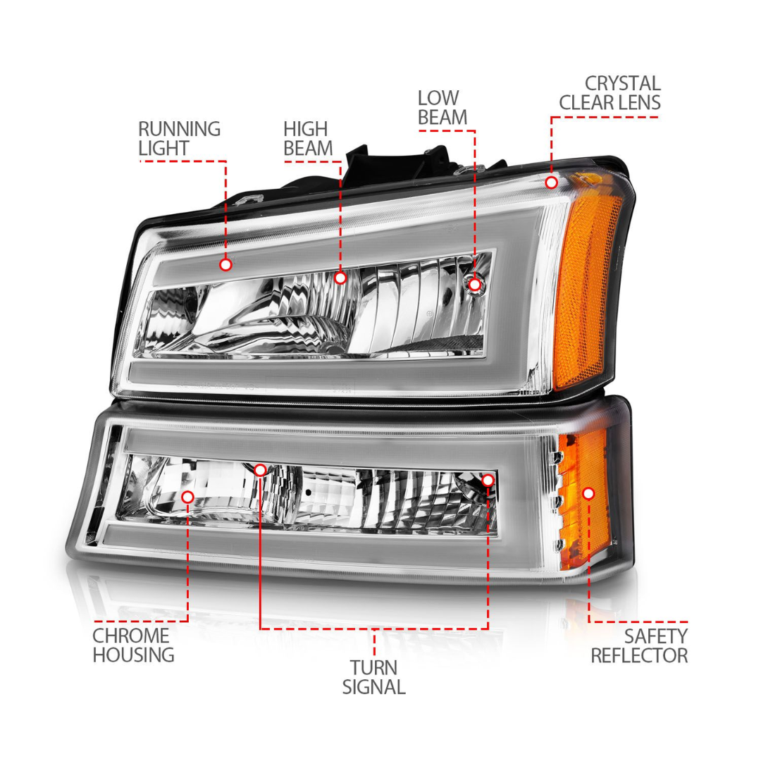 Chevrolet Silverado 1500 03-06 / 07 Classic Chrome Crystal LED Projector Plank Style Headlights 4pcs