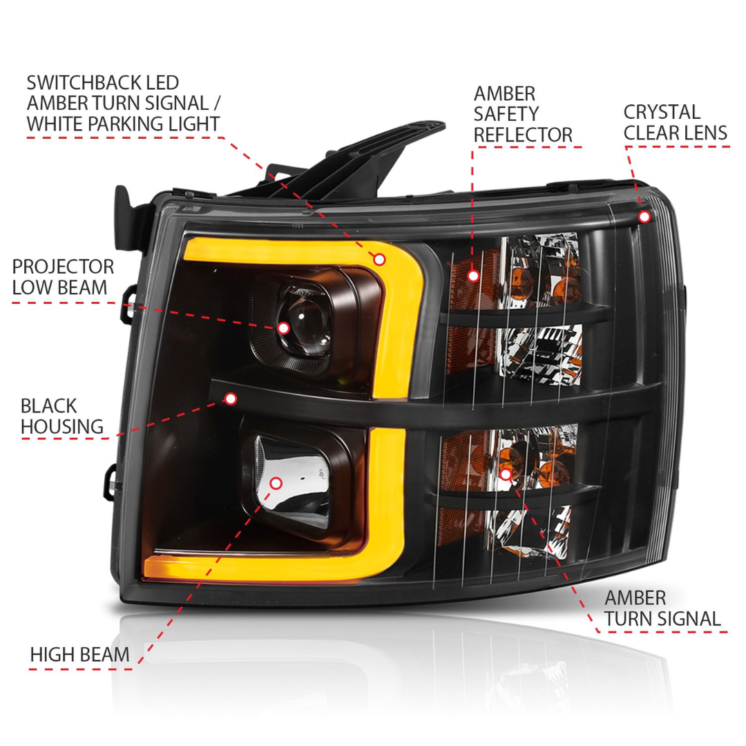 Chevrolet Silverado 1500 07-13 / 2500HD/3500HD 07-14 Black Projector Plank Style Switchback Headlights