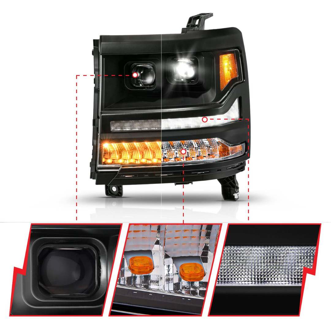 Chevrolet Silverado 1500 16-18 Black Full LED Projector Plank Style Headlights (FOR HID MODELS ONLY)