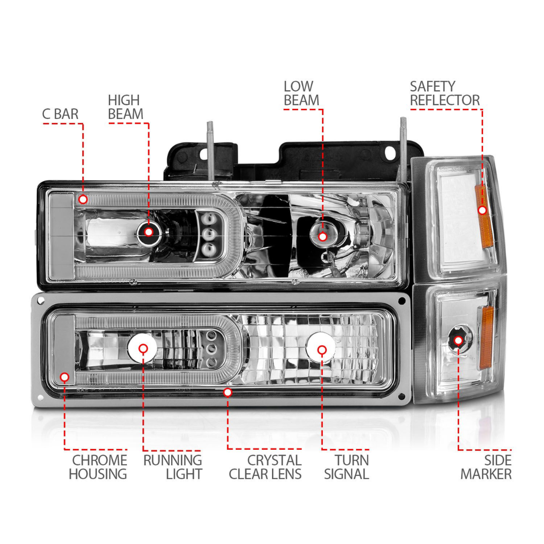 Chevy Blazer (Full Size) '94 / Chevy C/K1500 '94-99 / 2500/3500 '94-00 / Suburban '94-99 / Tahoe '95-99 Crystal C-Bar Style Headlights with Signal & Side Markers (8-piece set) Chrome (bulbs not included).