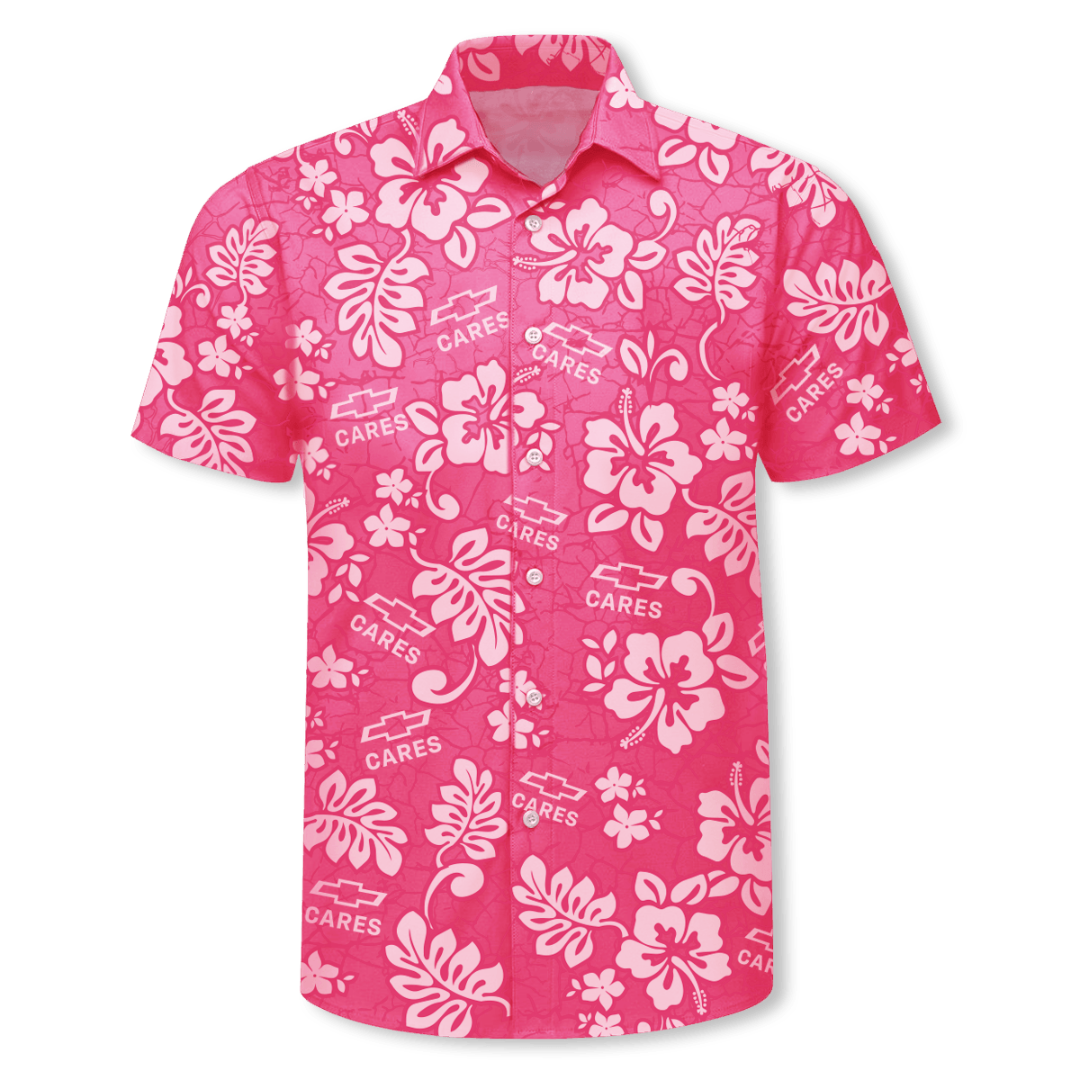 Chevy Cares pink Hawaiian shirt with awareness ribbon print