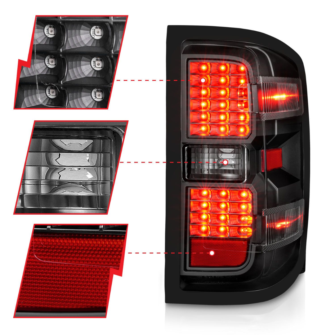 Chevy Silverado 1500 14-18 / 2500HD/3500HD 15-19 / Sierra 2500HD/3500HD Dually LED Light Bar Style Tail Lights Black w/ Clear Lens (NOT FOR OE FACTORY LED MODELS)