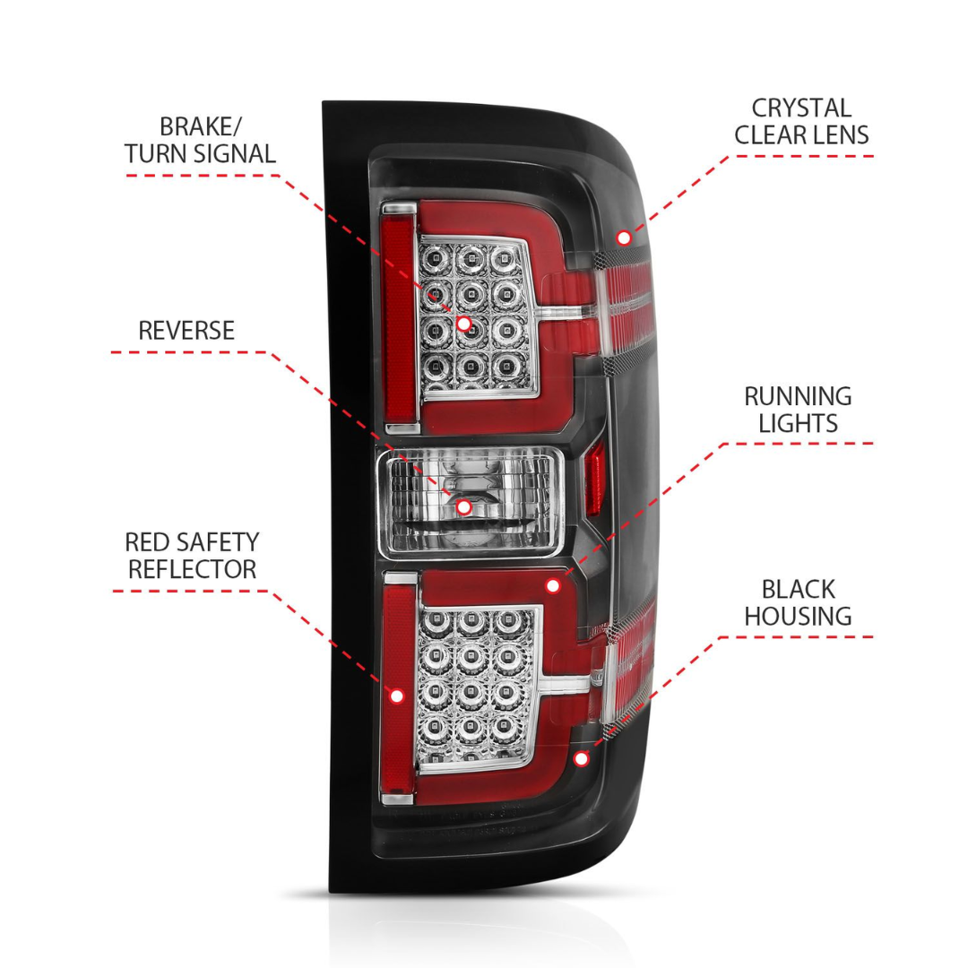 Chevy Silverado 1500 14-18 / 2500HD/3500HD 15-19 / Sierra 2500HD/3500HD Dually LED Light Bar Style Tail Lights Black w/ Clear Lens (SEQUENTIAL SIGNAL) (NON OEM LED MODELS)