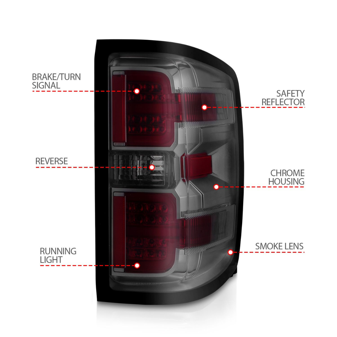 Chevy Silverado 1500 14-18 / 2500HD/3500HD 15-19 / Sierra 2500HD/3500HD Dually LED Light Bar Style Tail Lights Chrome w/ Smoke Lens (NOT FOR OE FACTORY LED MODELS)