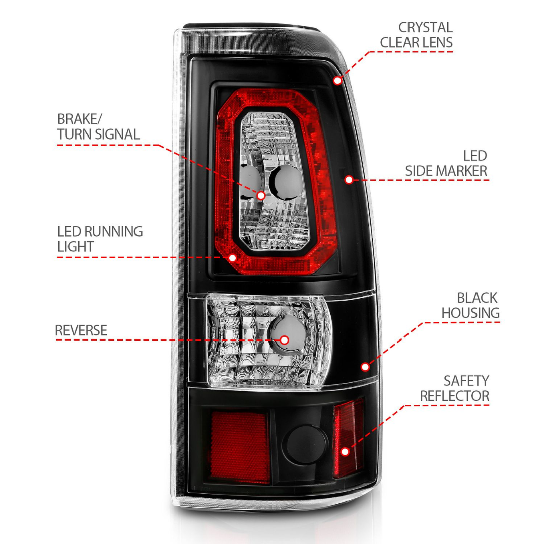 Chevy Silverado 99-02 1500/2500 01-03 3500 GMC Sierra 1500/2500 99-06 LED Bar Style Tail Lights Black Clear Lens