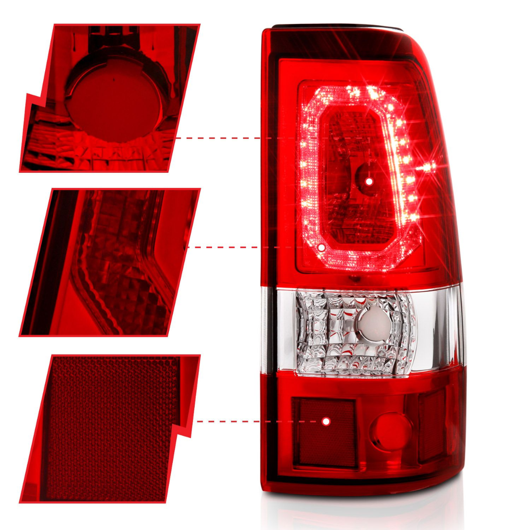 Chevy Silverado 99-02 1500/2500 01-03 3500 GMC Sierra 1500/2500 99-06 LED Bar Style Tail Lights Red w/ Clear Lens