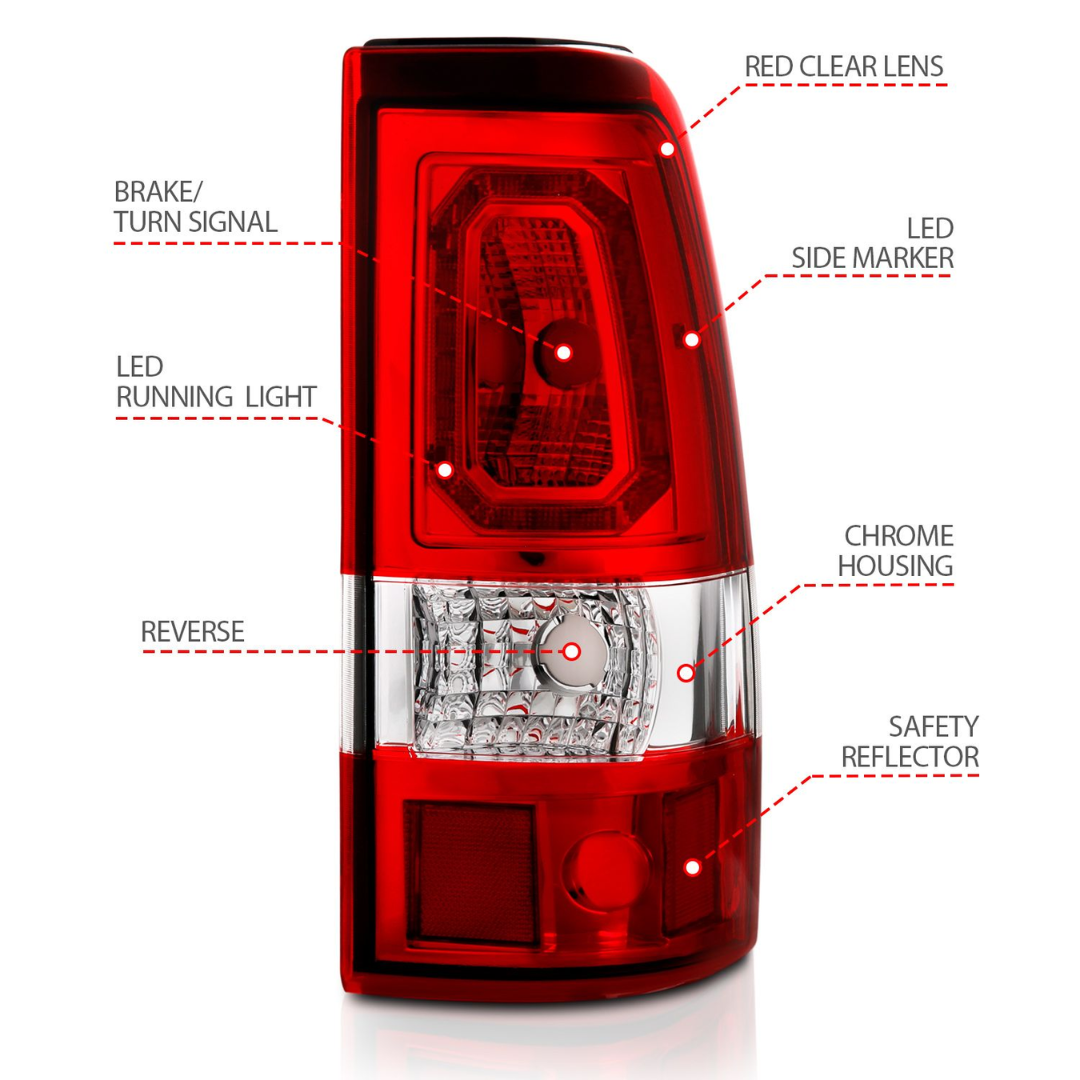 Chevy Silverado 99-02 1500/2500 01-03 3500 GMC Sierra 1500/2500 99-06 LED Bar Style Tail Lights Red w/ Clear Lens