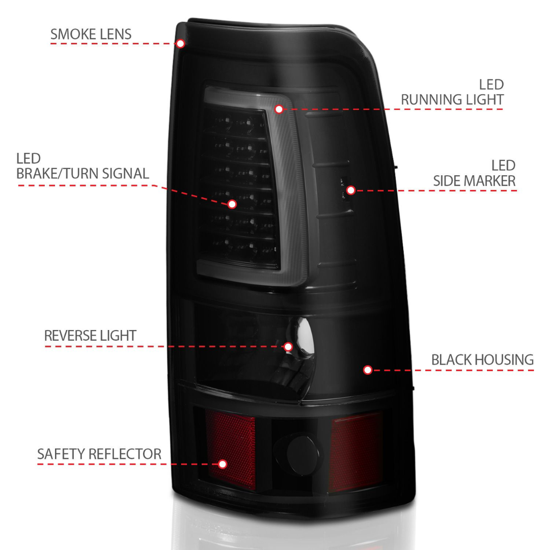Chevy Silverado 99-02 1500/2500 01-03 3500 GMC Sierra 1500/2500 99-06 LED C Bar Style Tail Lights Black w/ Smoke Lens