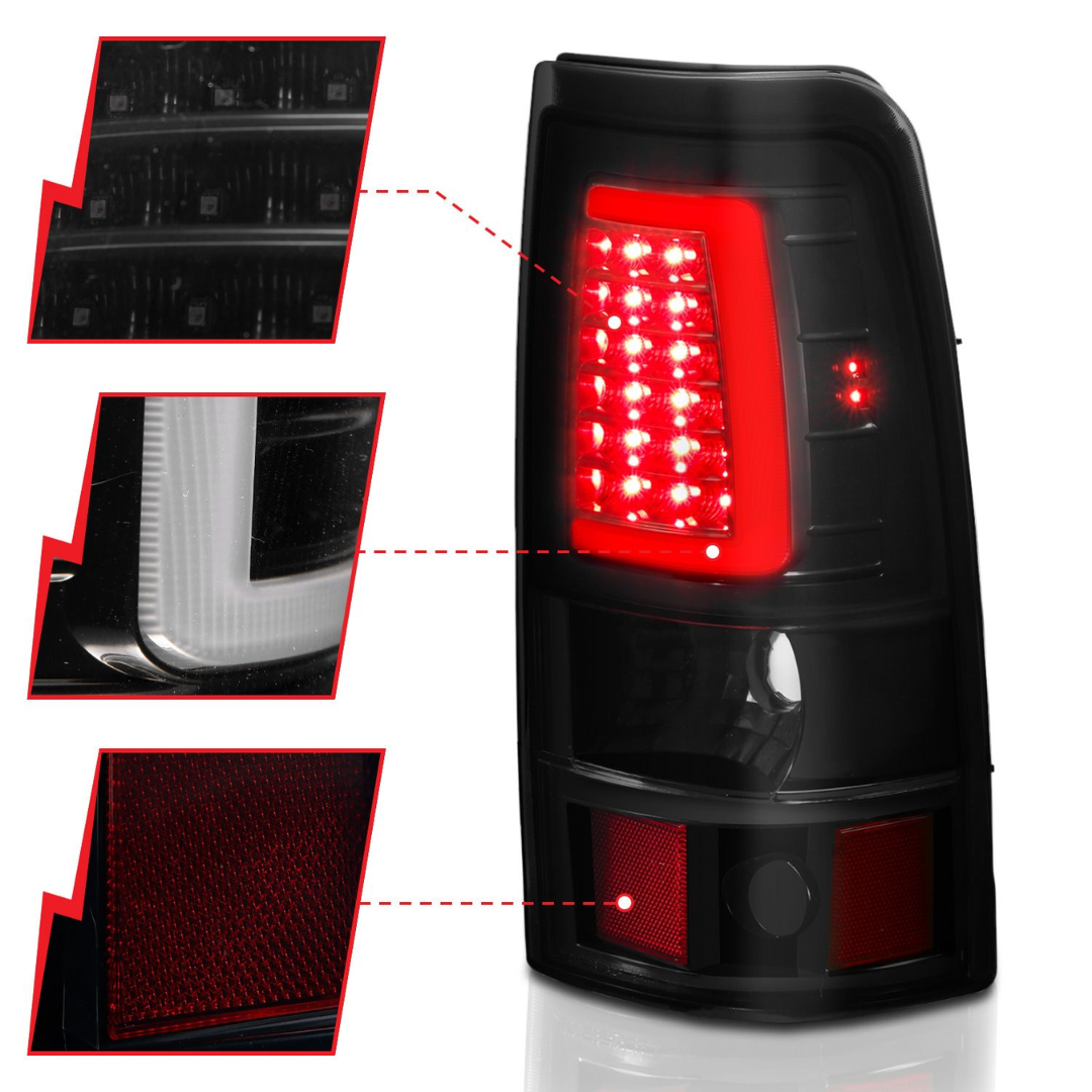 Chevy Silverado 99-02 1500/2500 01-03 3500 GMC Sierra 1500/2500 99-06 LED C Bar Style Tail Lights Black w/ Smoke Lens