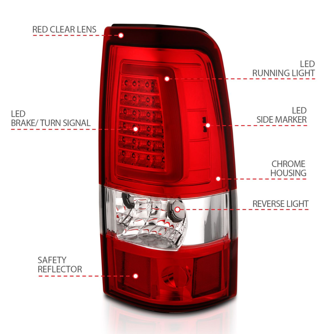 Chevy Silverado 99-02 1500/2500 01-03 3500 GMC Sierra 1500/2500 99-06 LED C Bar Style Tail Lights Red