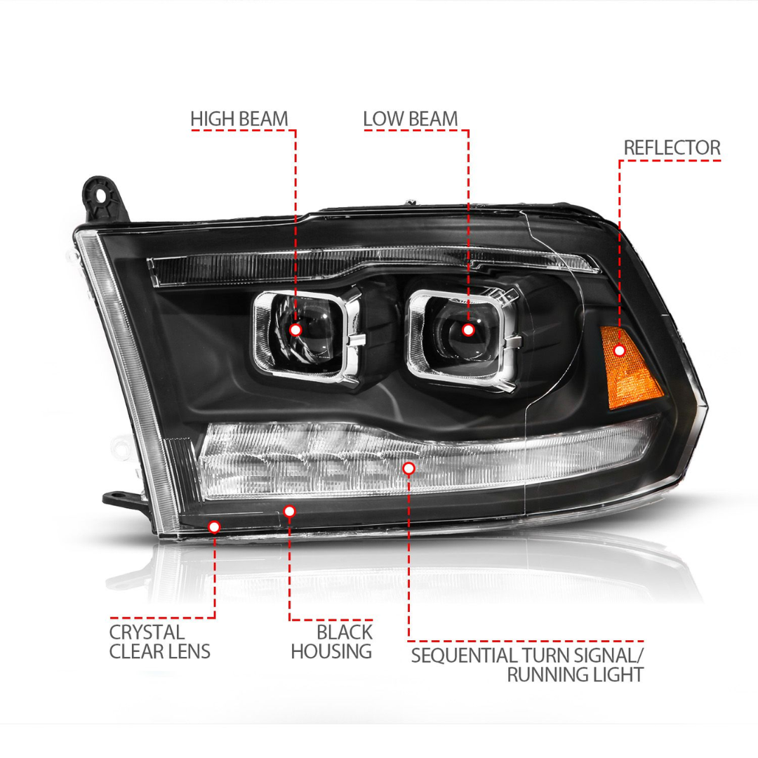 Dodge Ram 1500 09-18 / 2500/3500 10-18 Full LED Projector Headlights Black Clear Lens W/ Sequential Signals (FOR ALL MODELS)