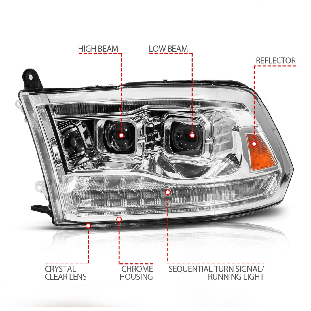 Dodge Ram 1500 09-18 / 2500/3500 10-18 Full LED Projector Headlights Chrome Clear Lens W/ Sequential Signals (FOR ALL MODELS)