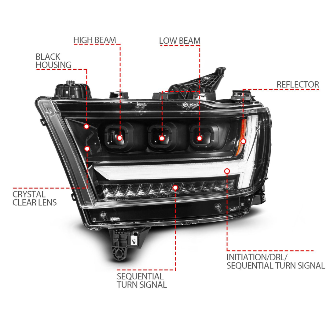 Dodge Ram 1500 (NEW BODY) 19-24 Full LED Projector Light Bar Headlights W/ Initiation & Sequential Signals (FOR HALOGEN MODELS ONLY)