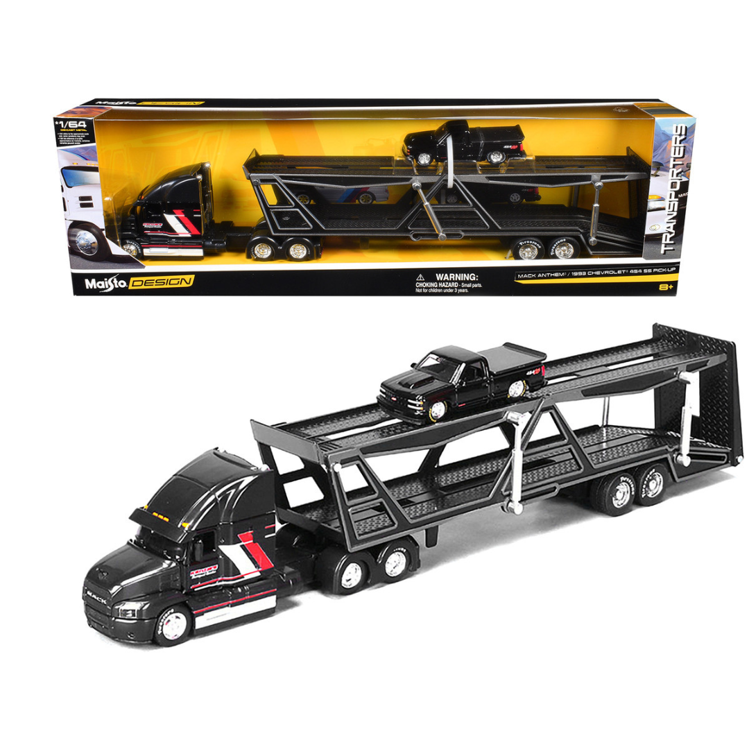 Mack Anthem Open Car Hauler Black with Red and White Stripes "Kenzie's Transport Services" and 1993 Chevrolet 454 SS Pickup Truck Black "Transporters" Series 1/64 Diecast Models
