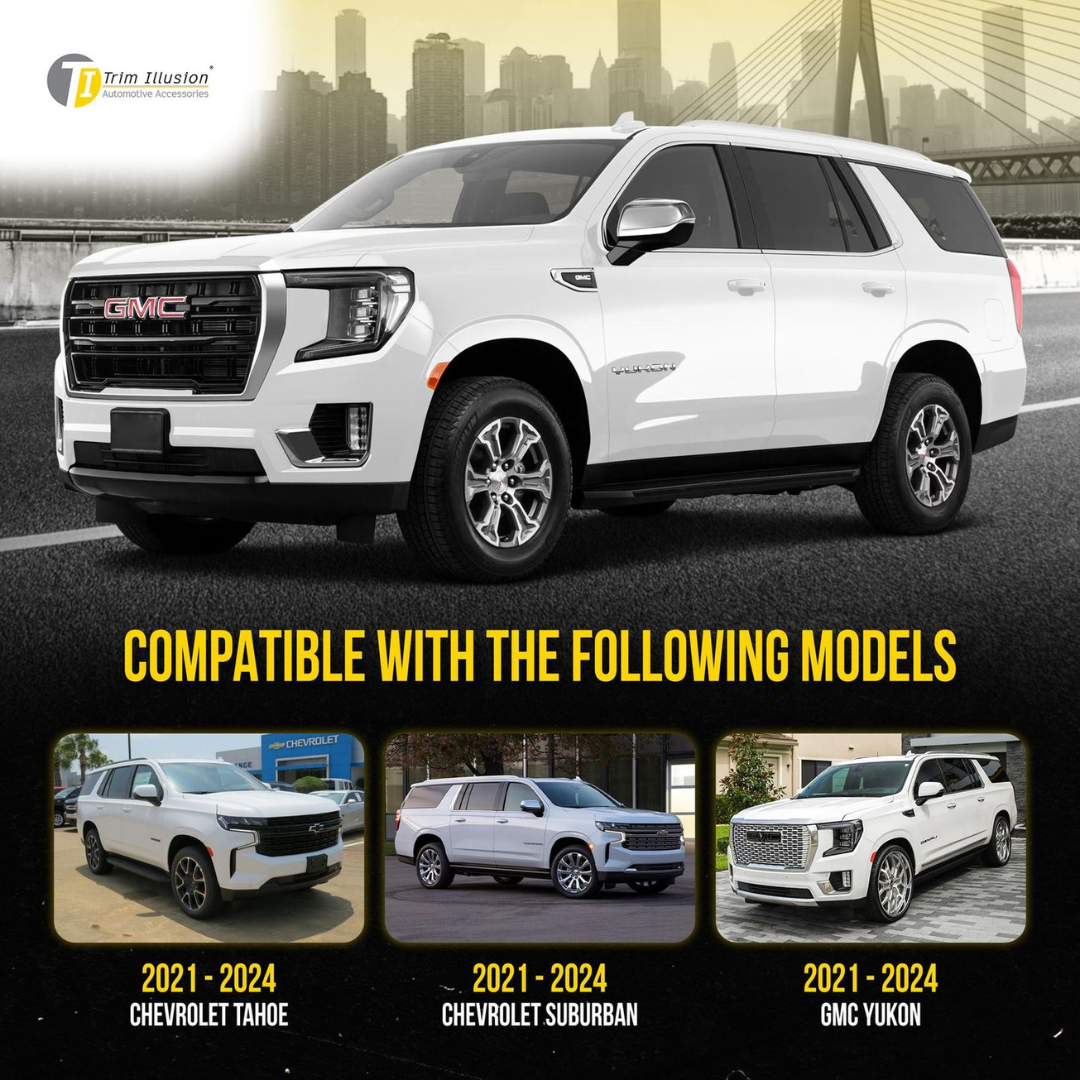 2021-2024 Chevrolet Suburban/Tahoe, 2024 Chevrolet Silverado EV, 21-24 GMC Yukon/Yukon XL, 21-24 Cadillac Escalade 2 PCS W/ or W/O Turn Signal Top Chrome Tape-on Mirror Cover