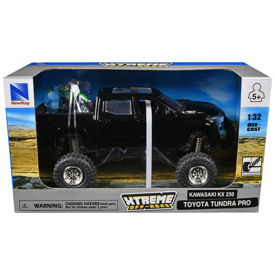 Toyota Tundra Pro Pickup Truck Black and Kawasaki KX 250 Motorcycle Green and White "Xtreme Off-Road" Series 1/32 Diecast Models