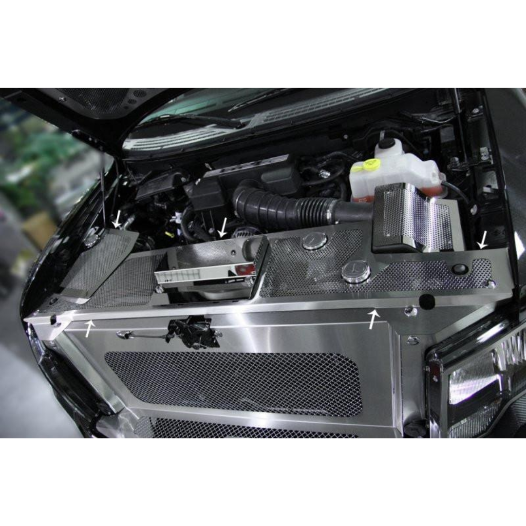 2010-2014 Ford Raptor - Perforated Header Plate with Battery Cover & Fuse Box | Polished Stainless