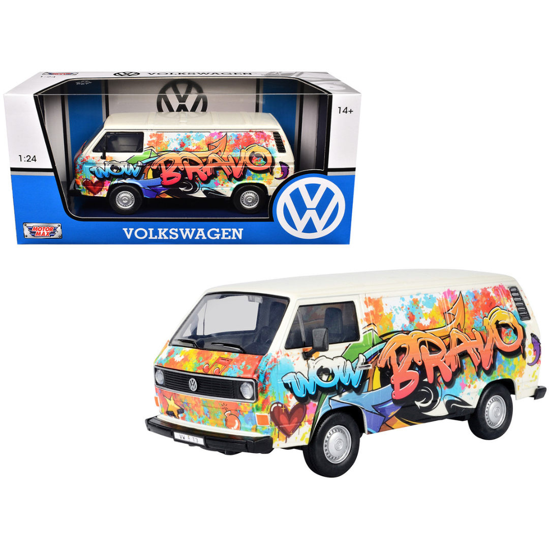 Volkswagen Type 2 (T3) Van White Metallic with Graffiti Graphics 1/24 Diecast Model Car